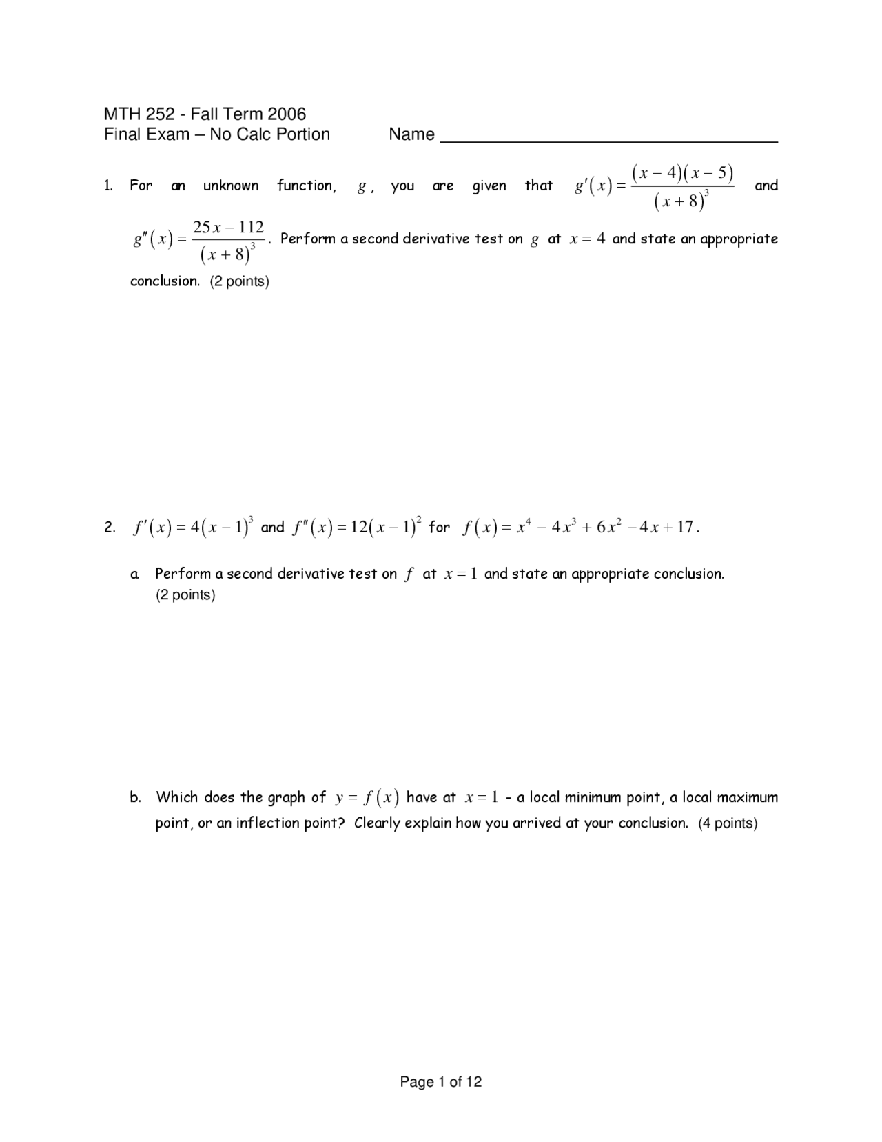 Final Exam - Calculus II - Fall 2006 | MTH 252 - Docsity