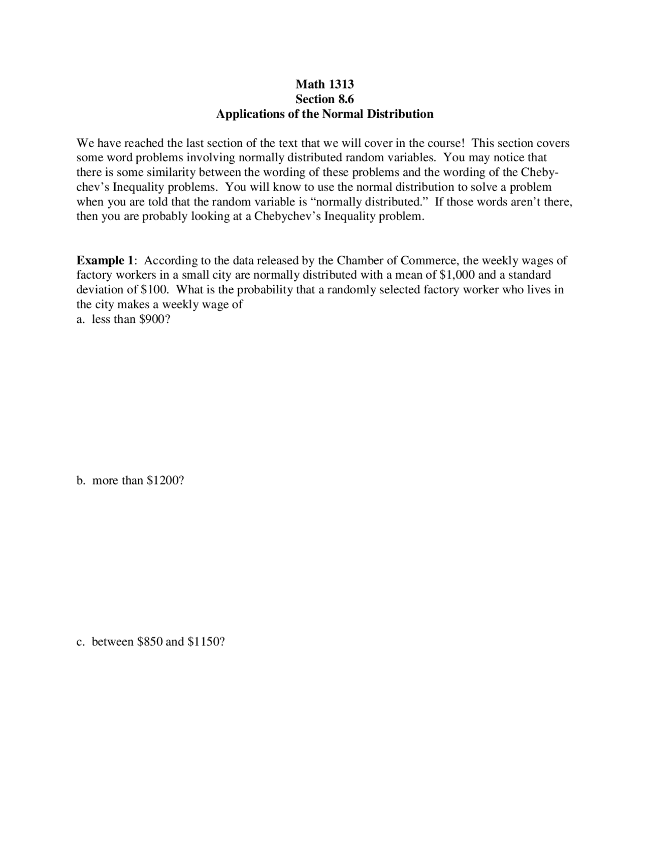 Applications of the Normal Distribution with Examples | MATH 1313 - Docsity