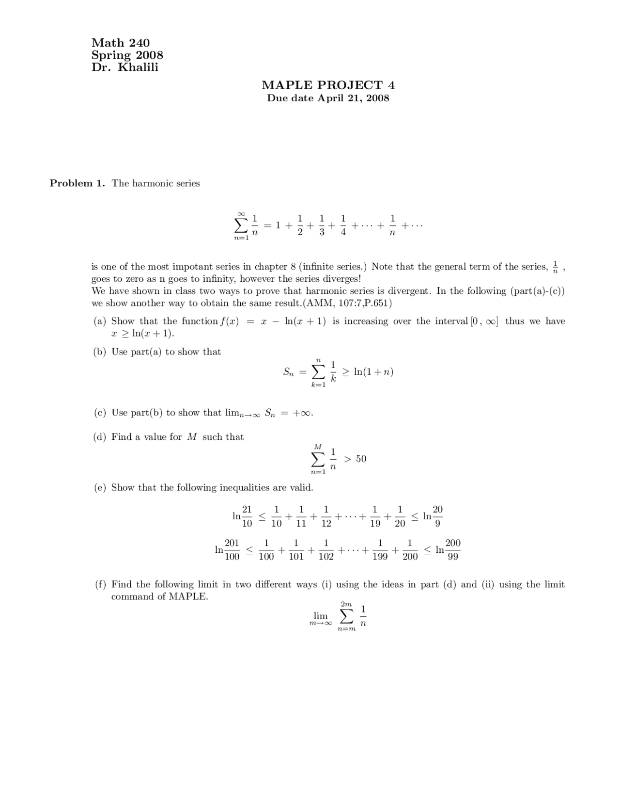 Practice Problem on Intermediate Calculus - Maple Project 4 | MATH 240 ...