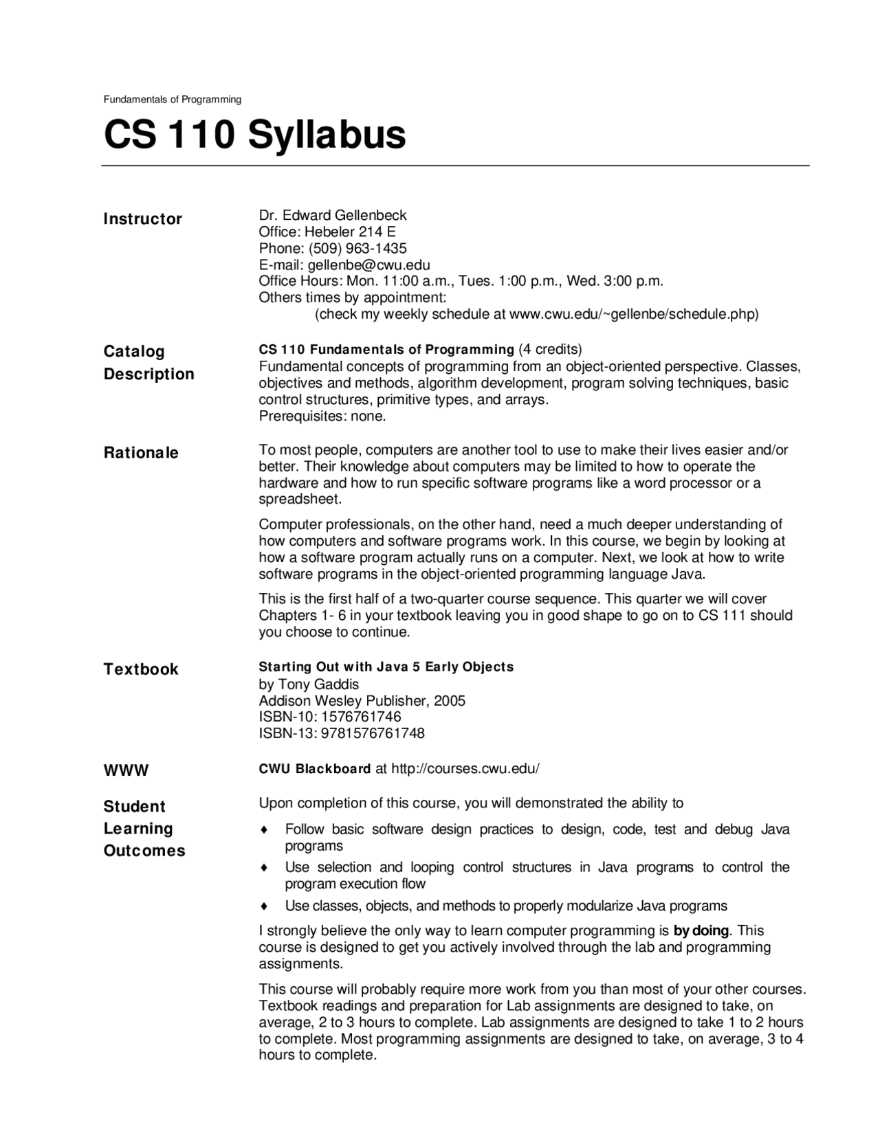 Course Syllabus for Exam 1 - Programming Fundamentals I | CS 110 - Docsity