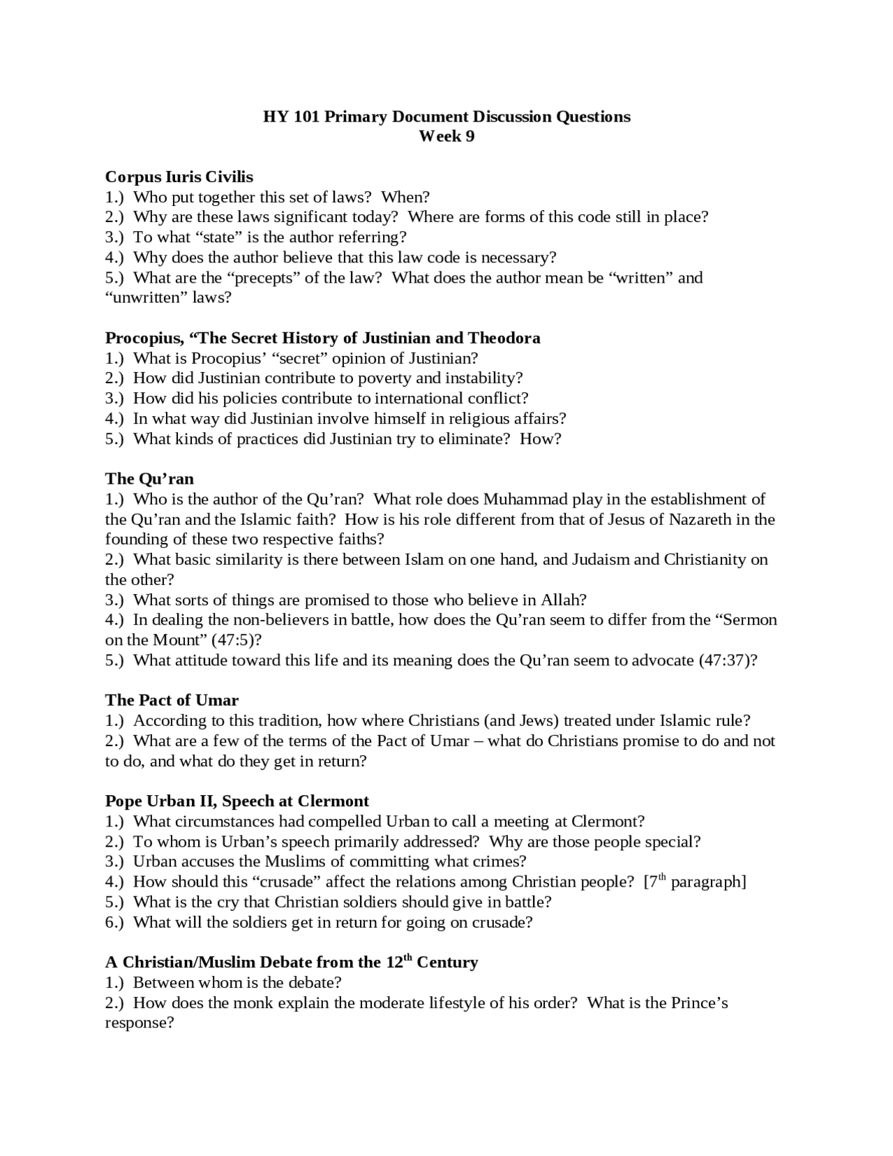 Discussion Questions - History of Western Civilization I | HY 101 ...