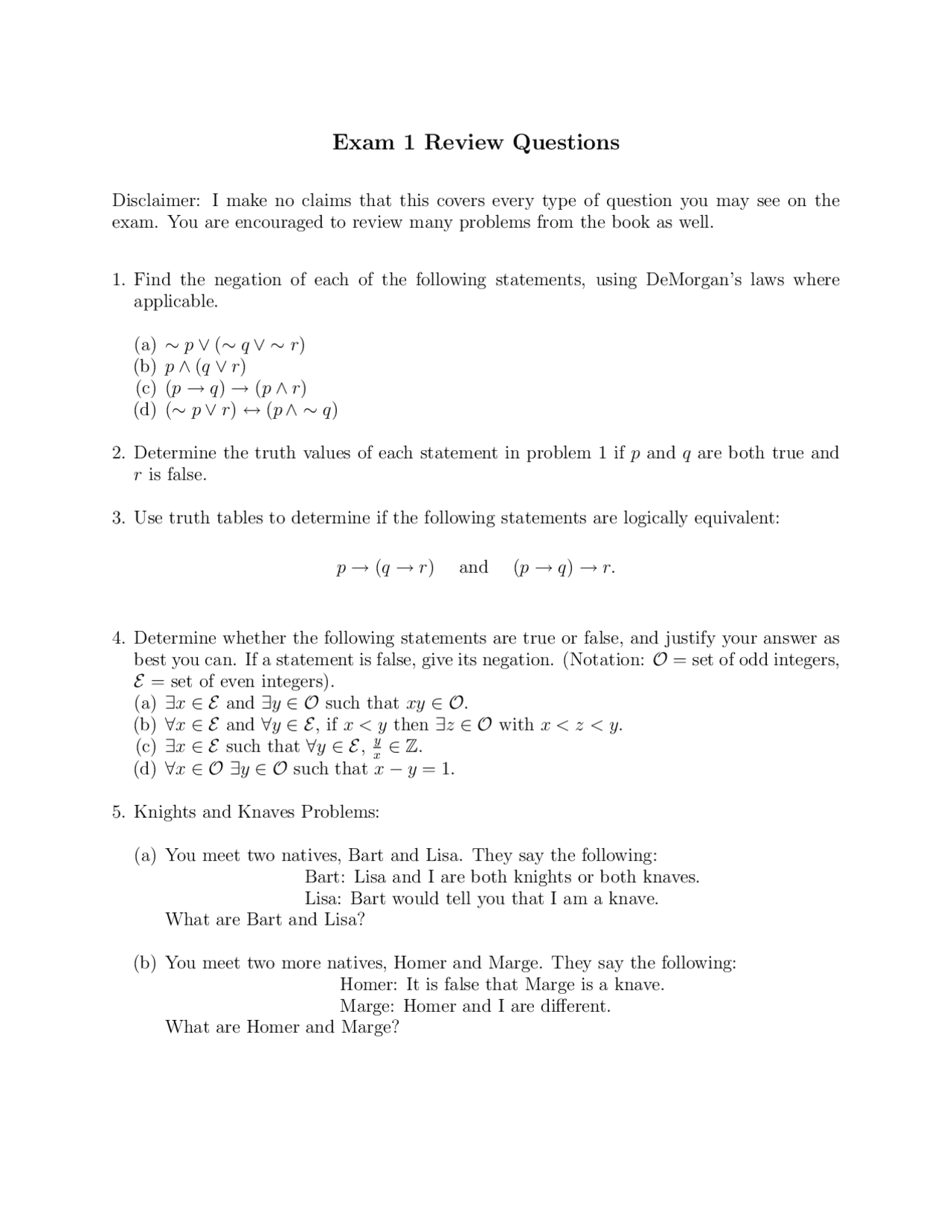 Exam 1 Review Questions for Discrete Mathematics | MATH 209 | Exams ...