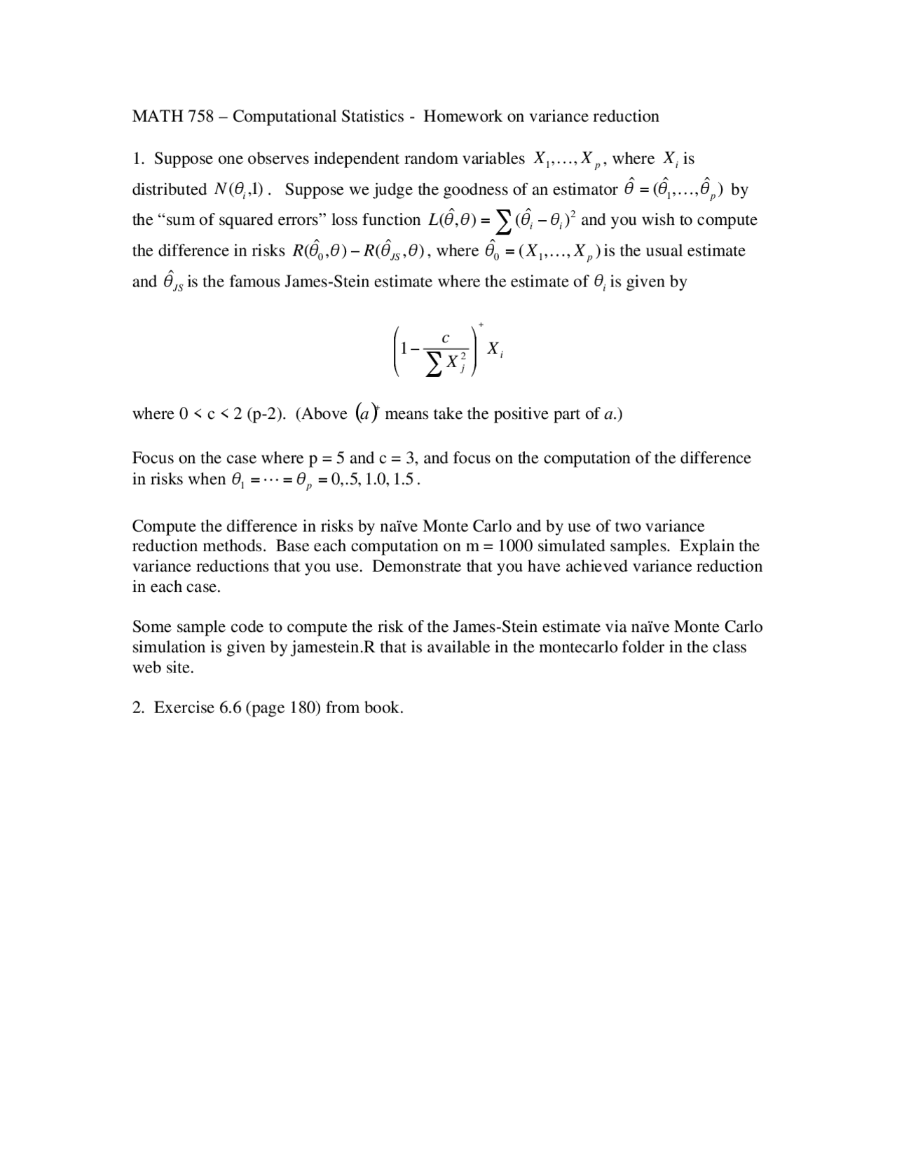 Variance Reduction Computational Statistics Homework Math 758 Docsity