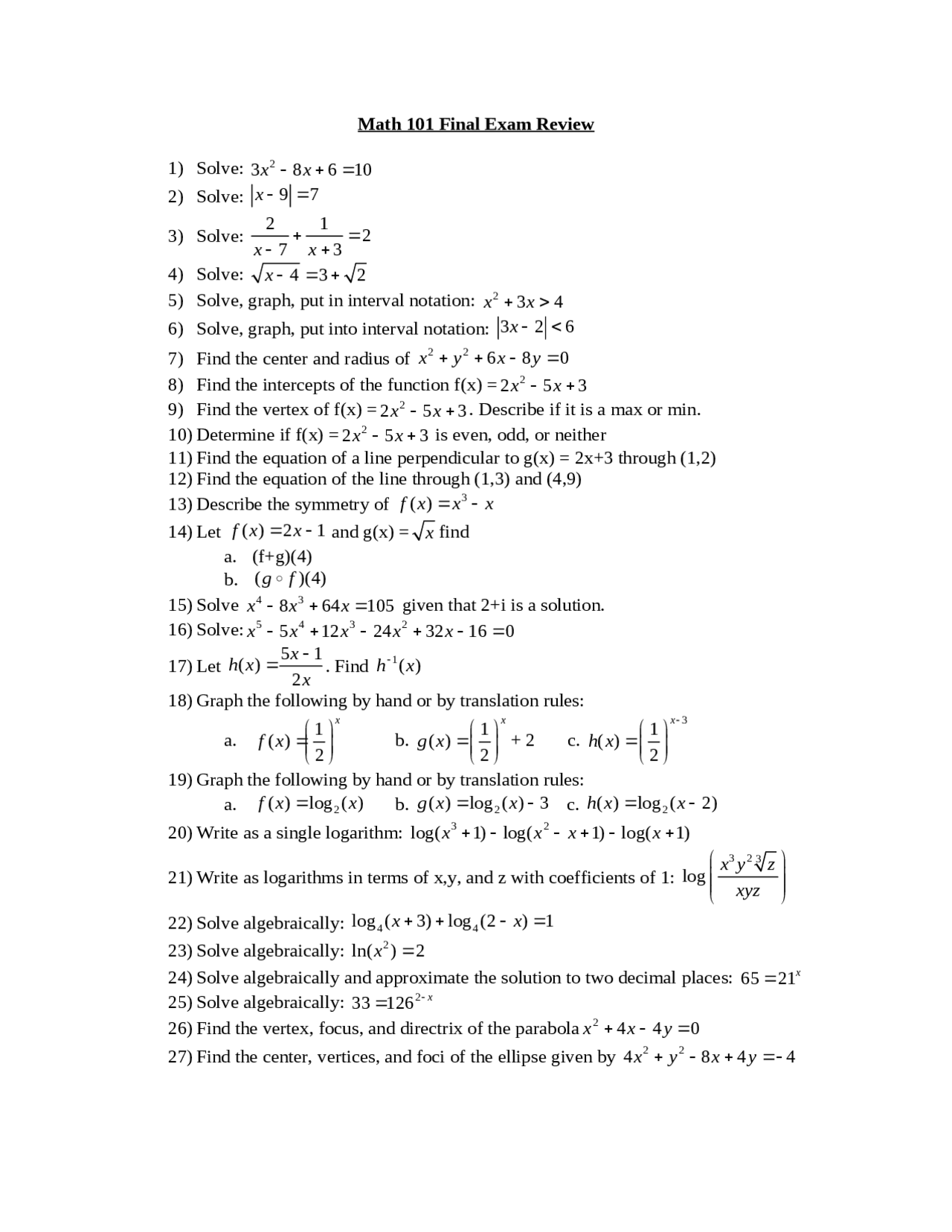 College Algebra - Final Exam Review | MATH 101 | Exams Algebra | Docsity