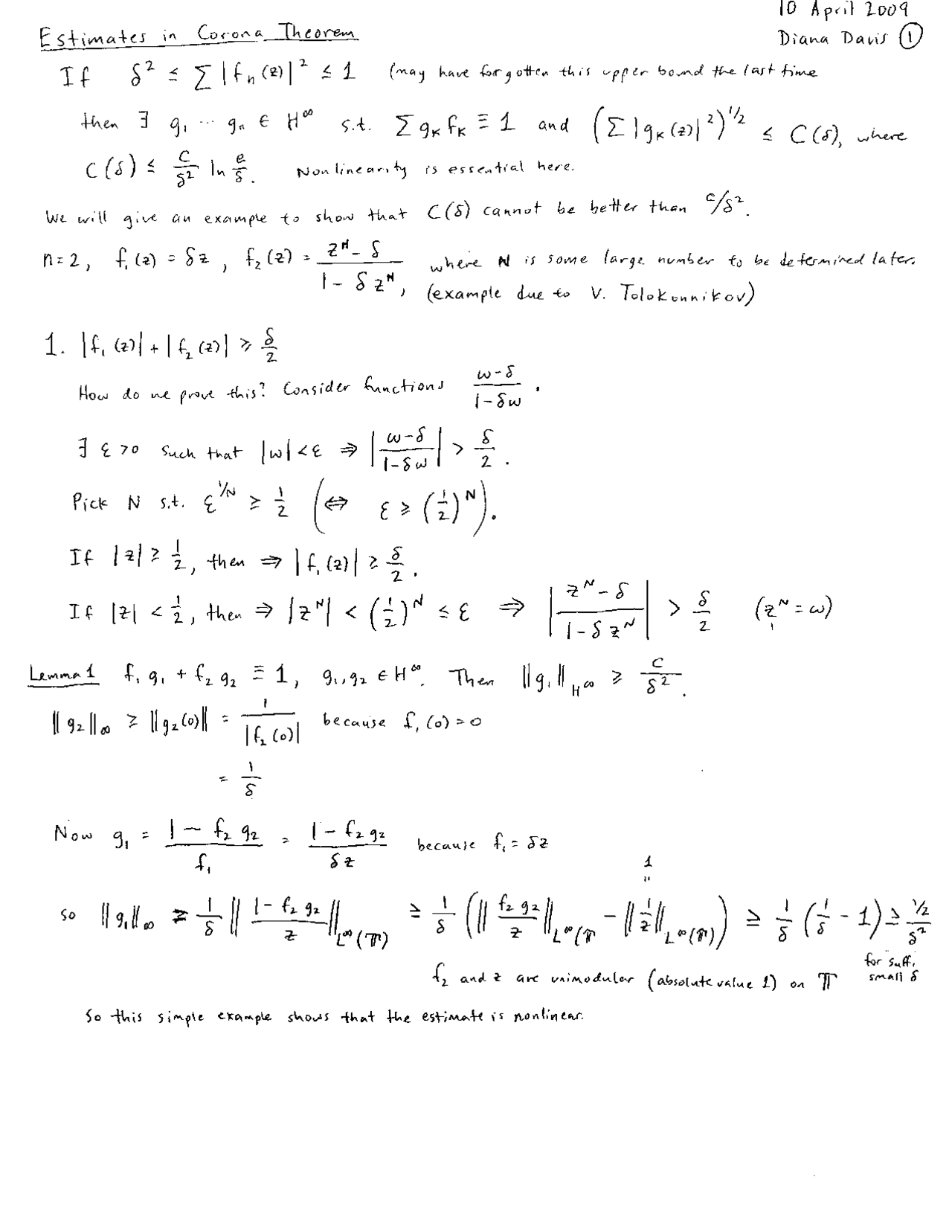 Handwritten Notes on Corona Theorem - Complex Function Theory | MATH ...