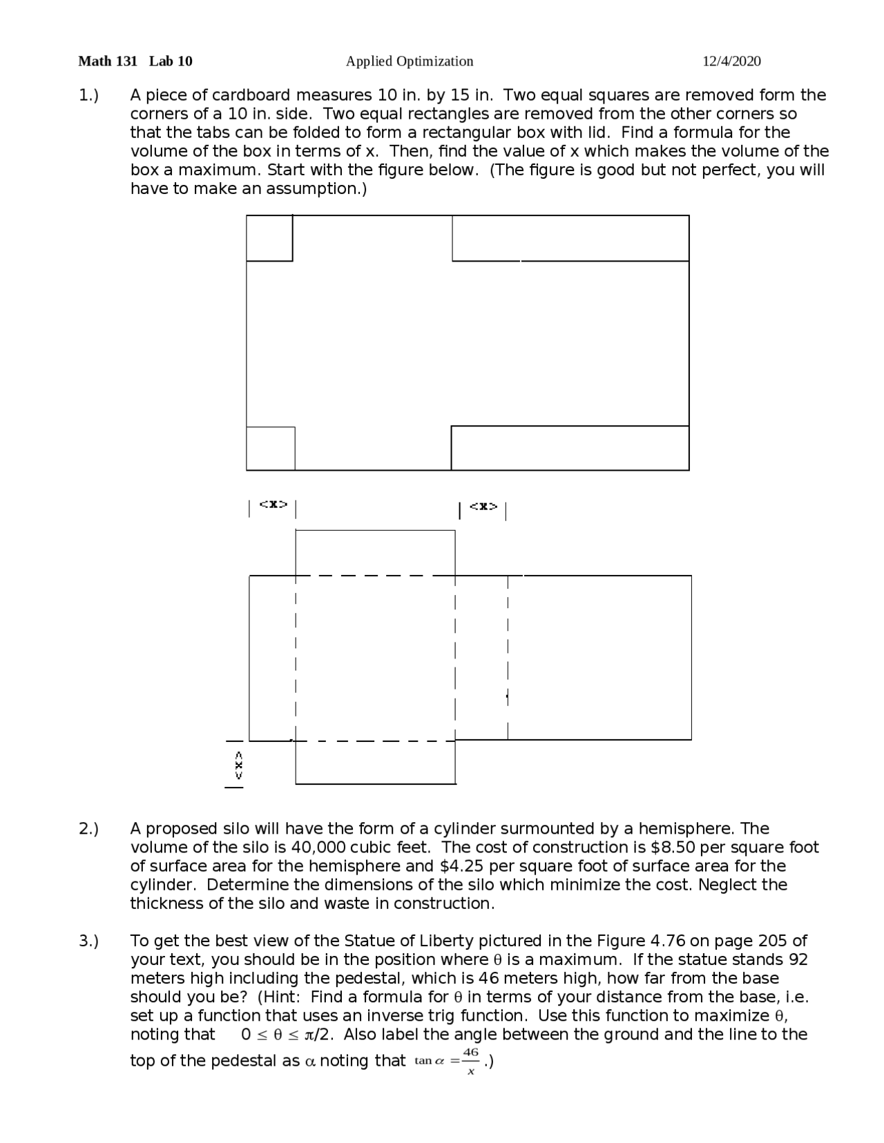 Lab 10: Applied Optimization - Calculus I | MATH 131 - Docsity