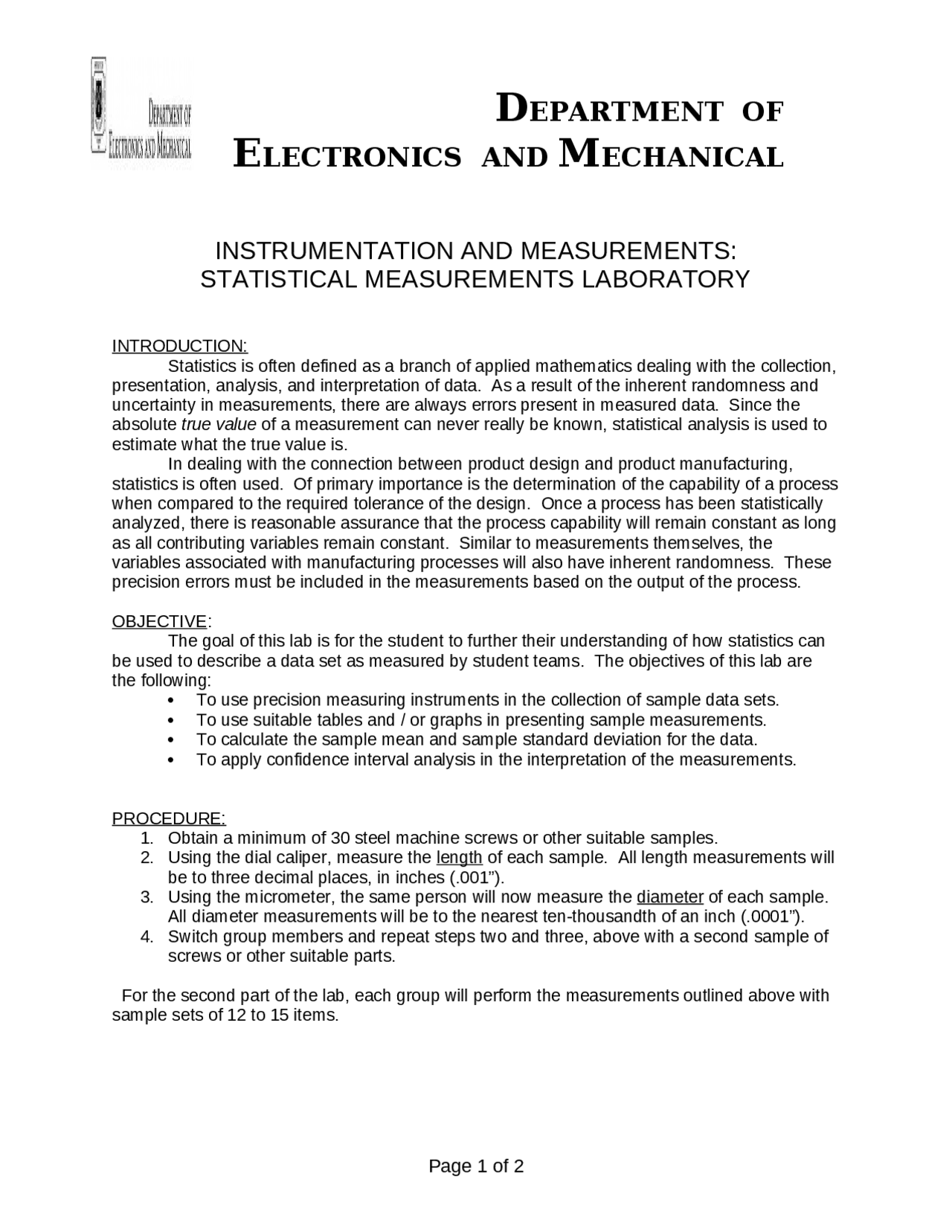 Instrumentation and Measurements: Statistical Measurements Laboratory ...