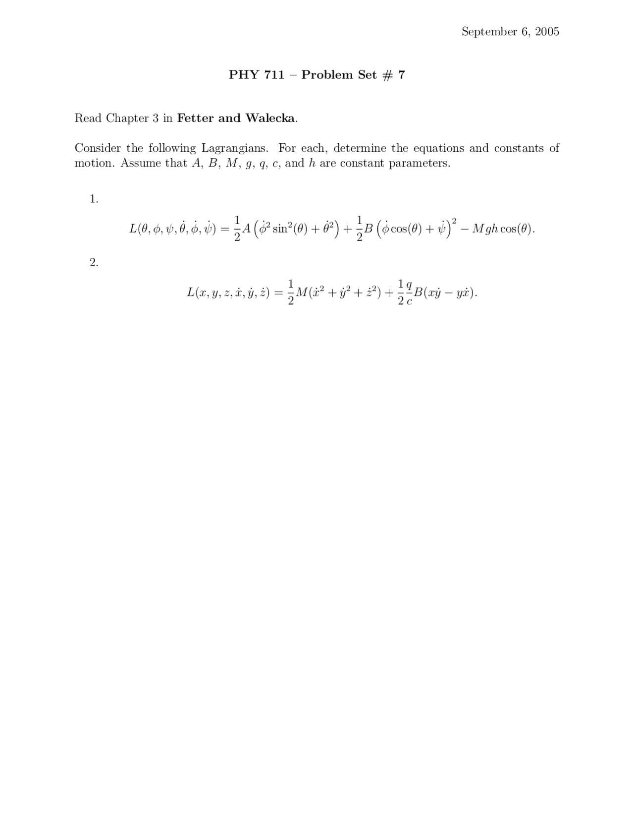 Classical Mechanics and Mathematics - Problem Set 7 | PHY 711 - Docsity