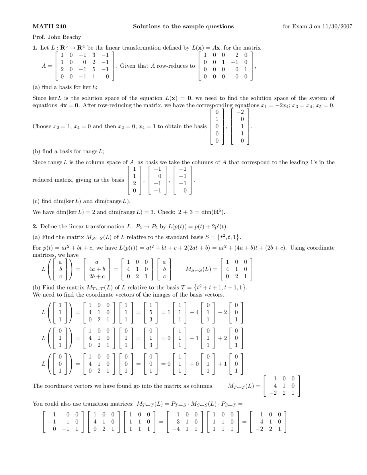 Solutions to Sample Questions for Linear Algebra and Applications ...