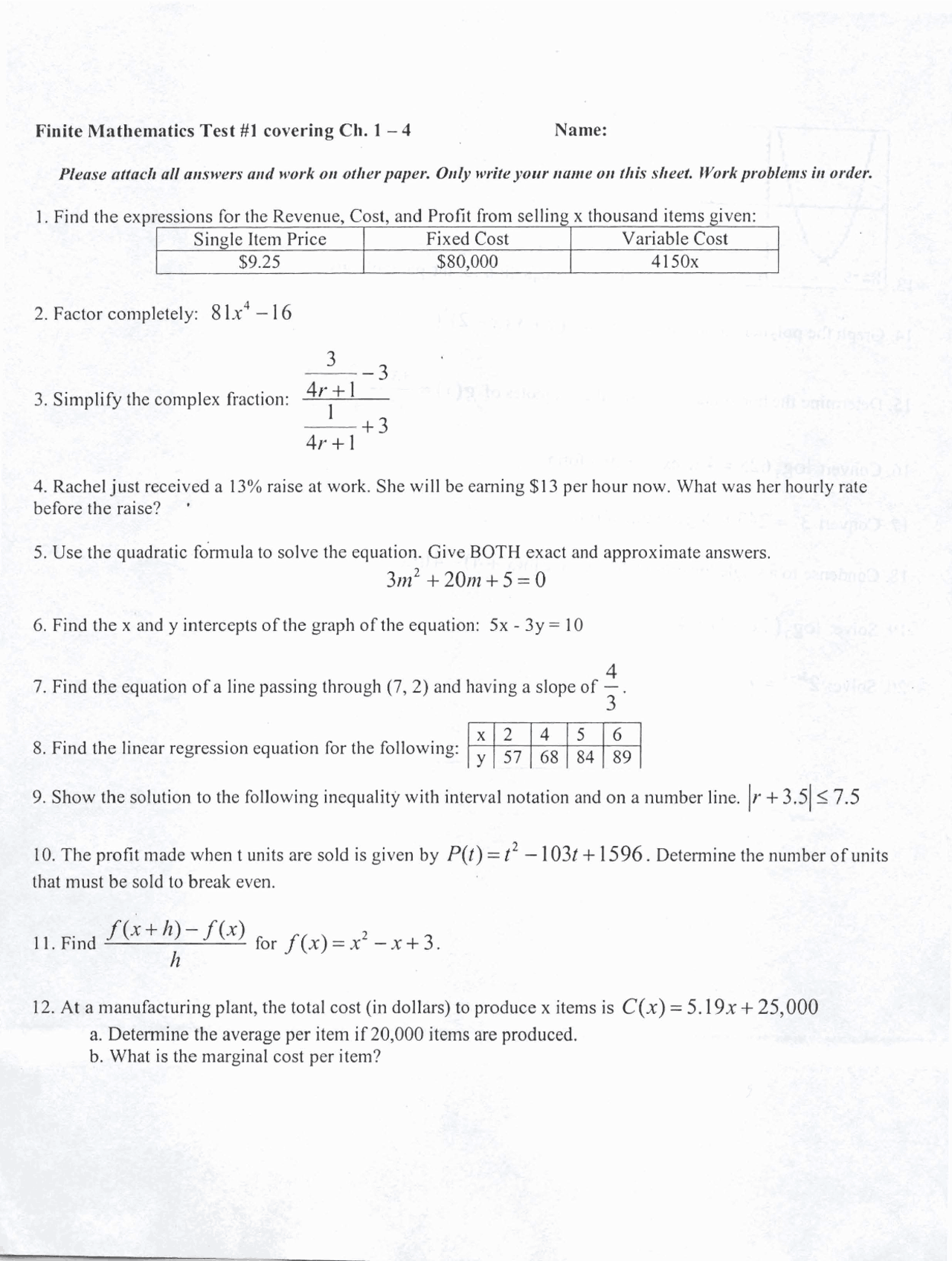 Finite Math Test Question Example Solutions to Finite Test - Finite Mathematics | MATH 1630 - Docsity
