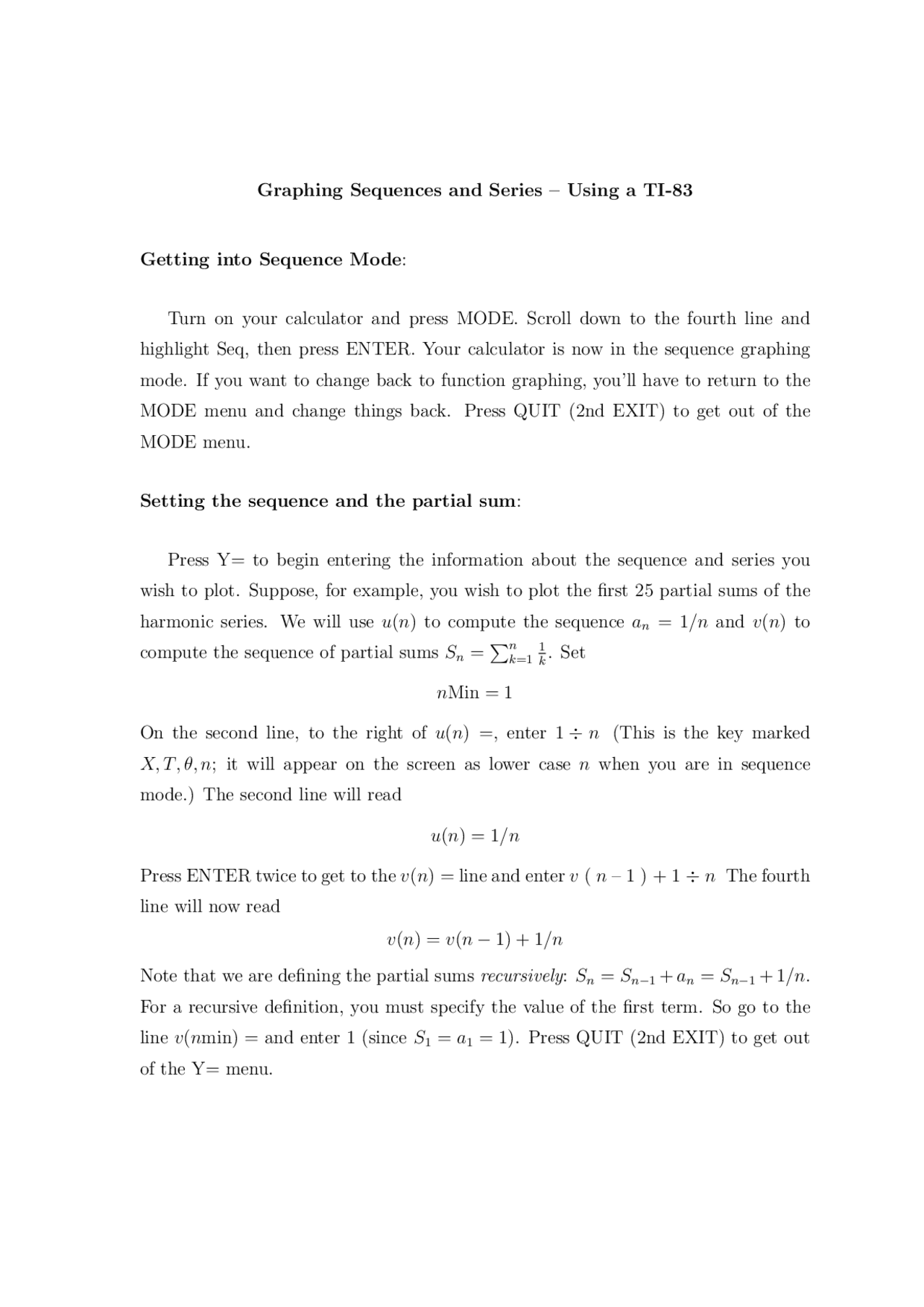 Graphing Sequences and Series - Using a TI-83 | MATH 230 - Docsity