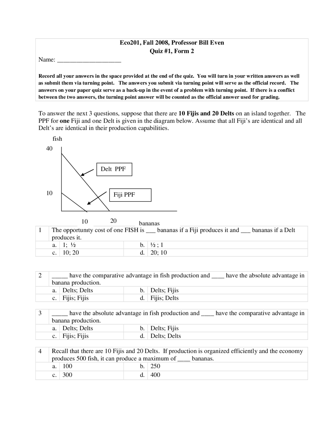 Quiz 1 Form B with Answer Sheet - Principles of Microeconomics | ECO ...