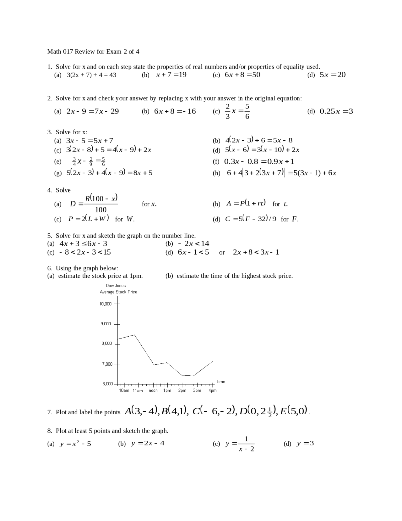 Math 017 Review for Exam 2: Solving Equations and Graphing Functions ...