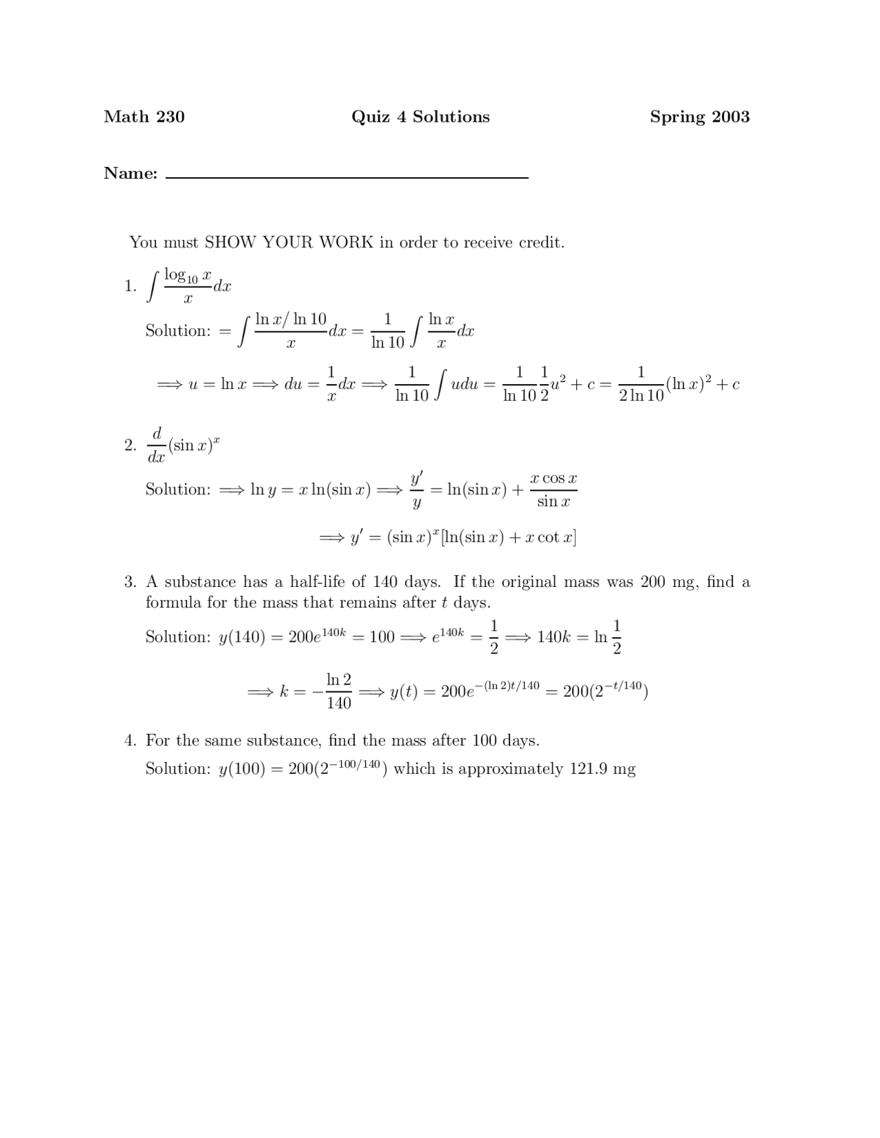 Quiz 4 with Solution for Calculus II | MATH 230 - Docsity