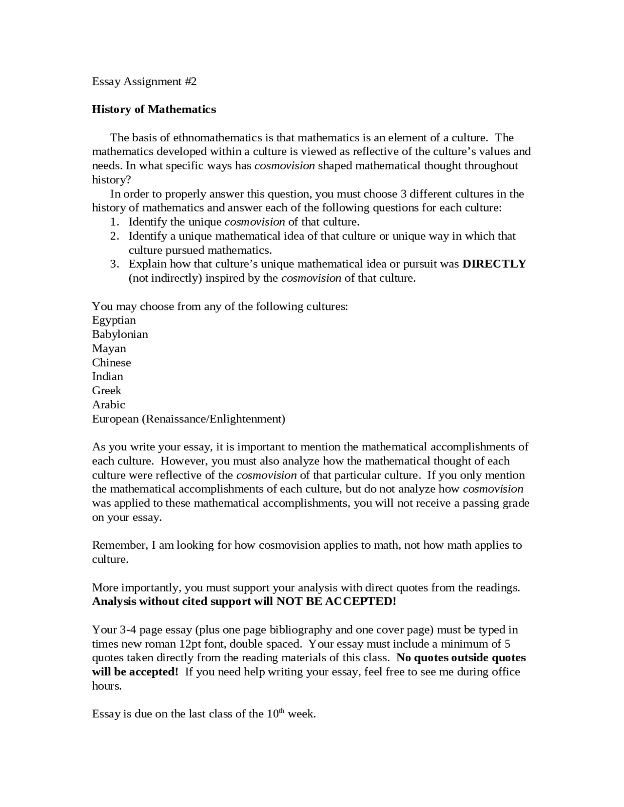 History of Mathematics Essay Assignment 2 MATH 1319 Docsity