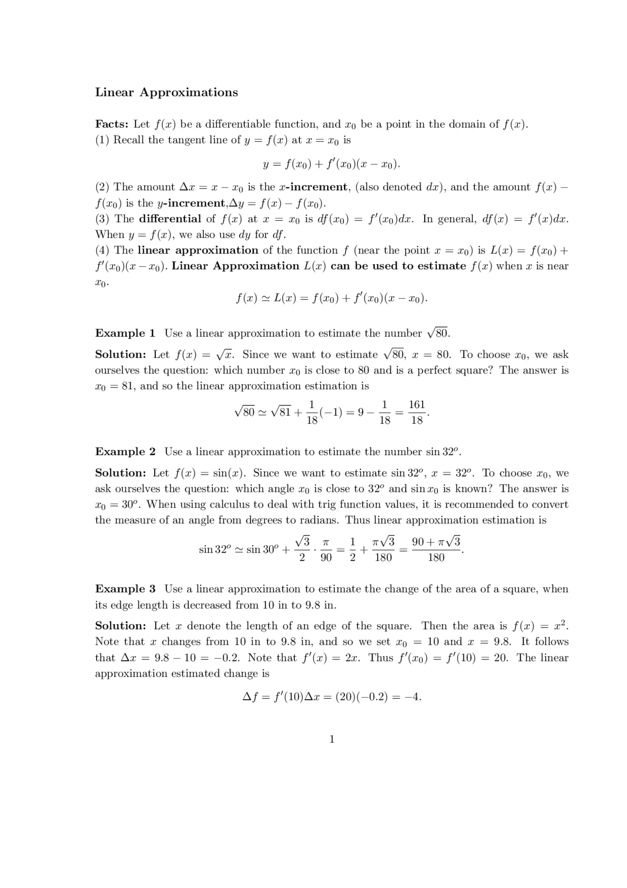 Approximation Examples Linear Approximations - Examples with Solutions | MATH 155 - Docsity