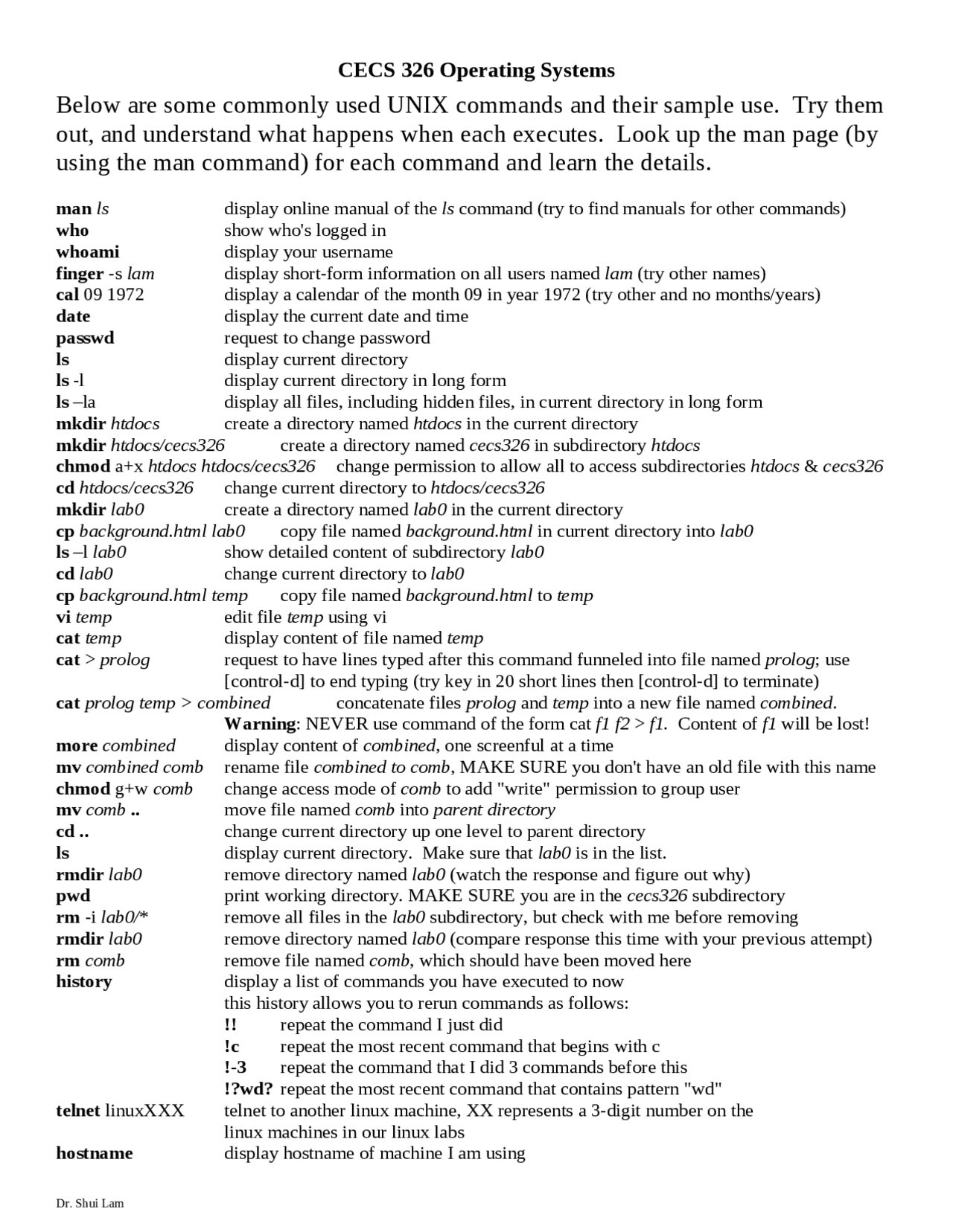 Commonly Used UNIX Commands - Handout | CECS 326 - Docsity