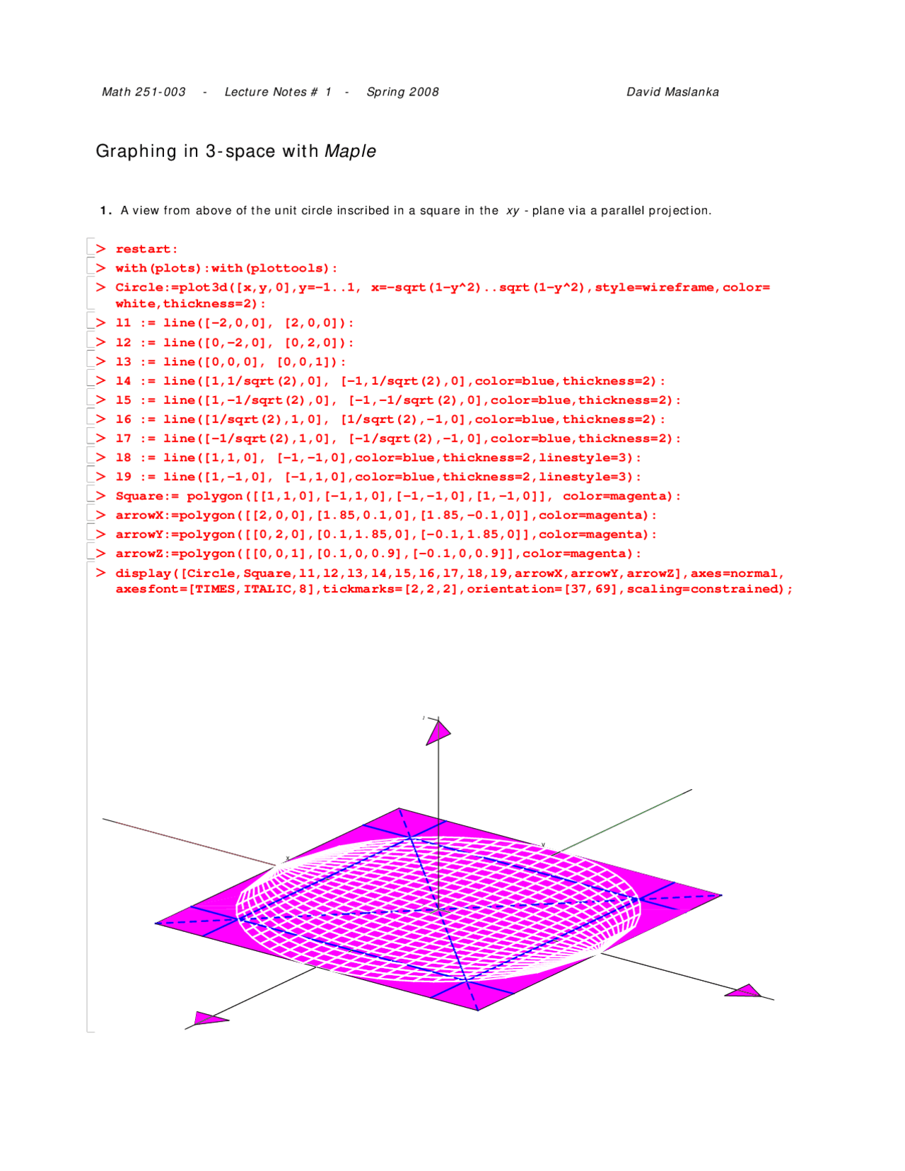 Graphing in 3 Space with Maple - Lecture Notes | MATH 251 - Docsity