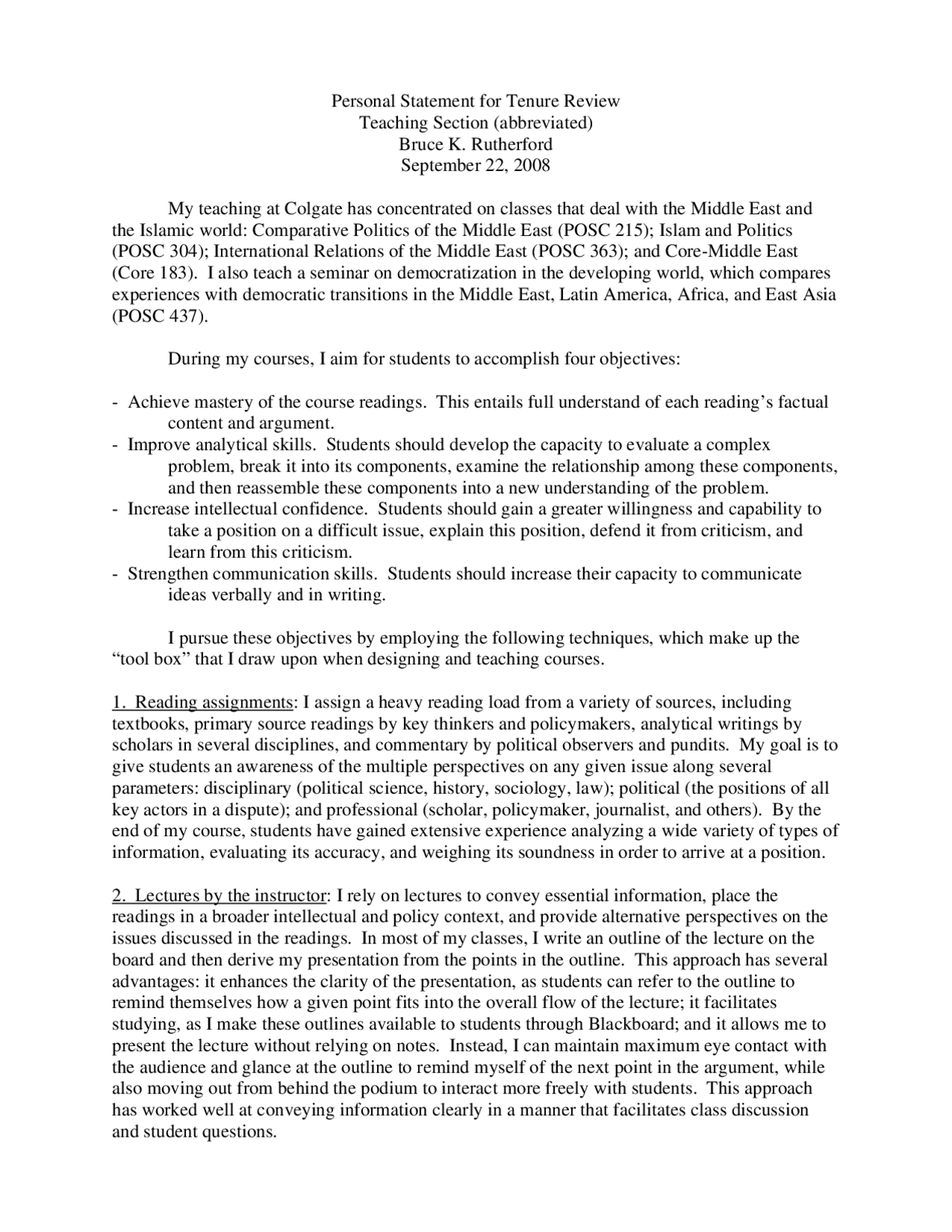 Personal Statement for Tenure Review - Lecture Notes | POSC 215 - Docsity