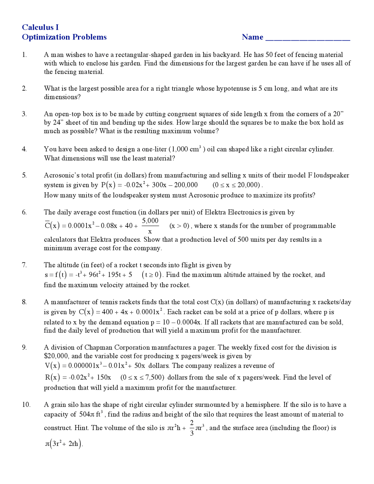 10 Optimization Problems on Calculus I - Assignment | MATH 2053 - Docsity