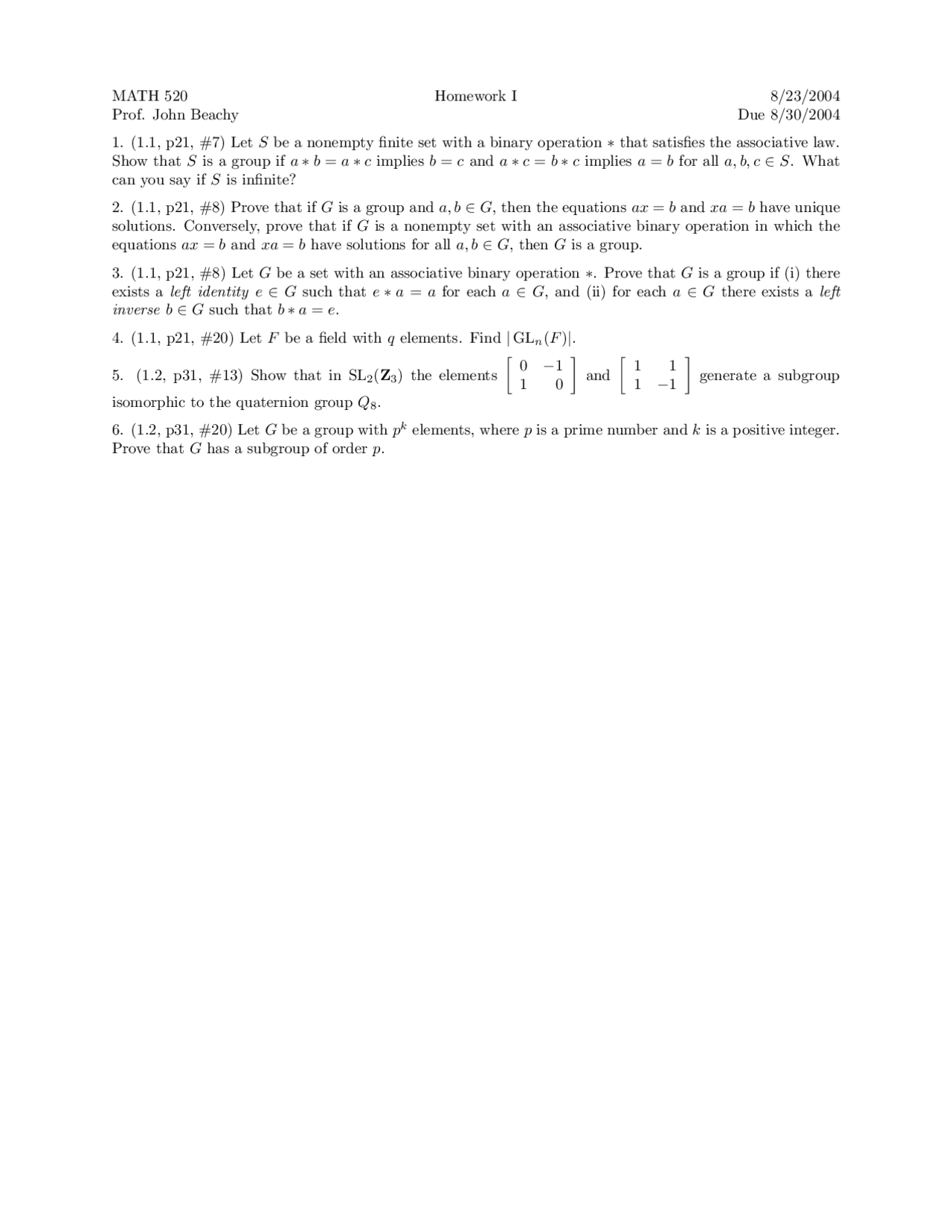 6 Problems on the Binary Operations - Assignment 1 | MATH 520 - Docsity