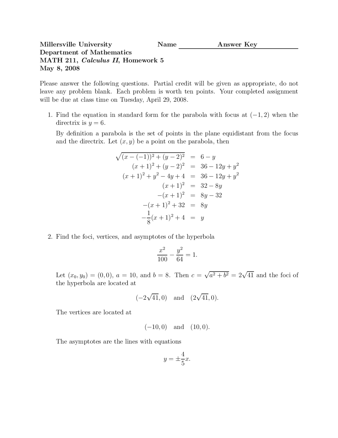 Completed Math Homework Calculus Homework 5 Questions with Solution - Calculus 2 | MATH 211 - Docsity