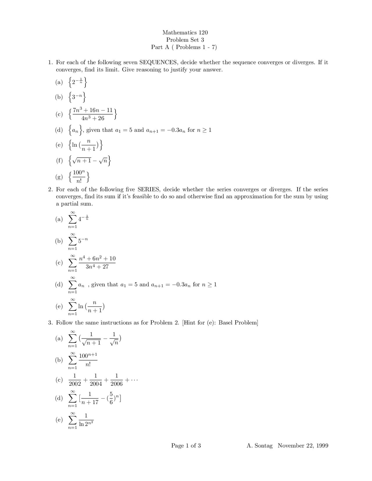 Problems on Calculus II - Problem Set III | MATH 120 - Docsity