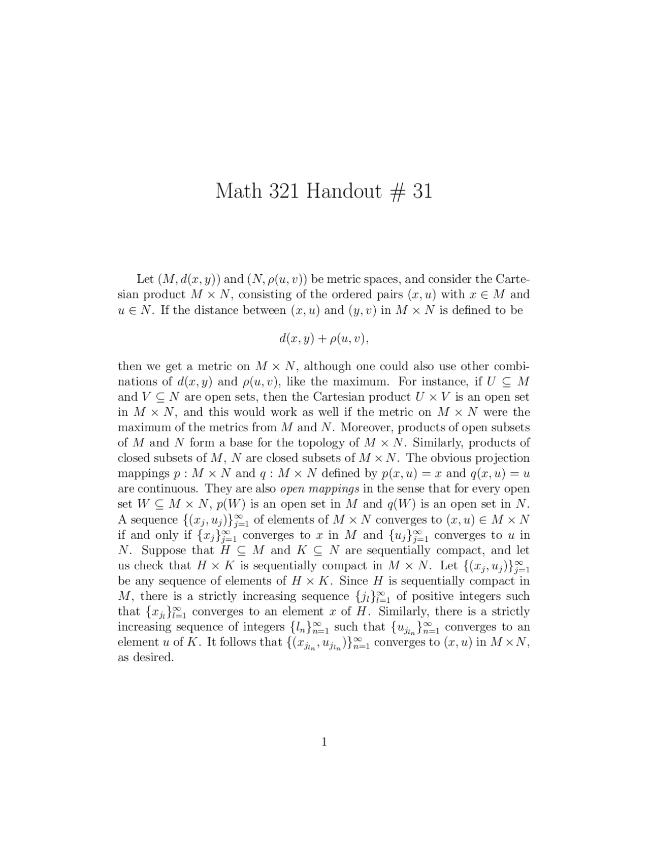 Handout 31 for Introduction to Analysis I | MATH 321 - Docsity