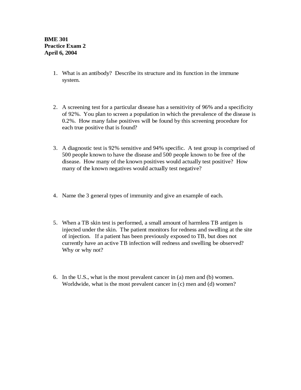 9 Problems on Bioengineering and World Health - Examination 2 | BIOE ...