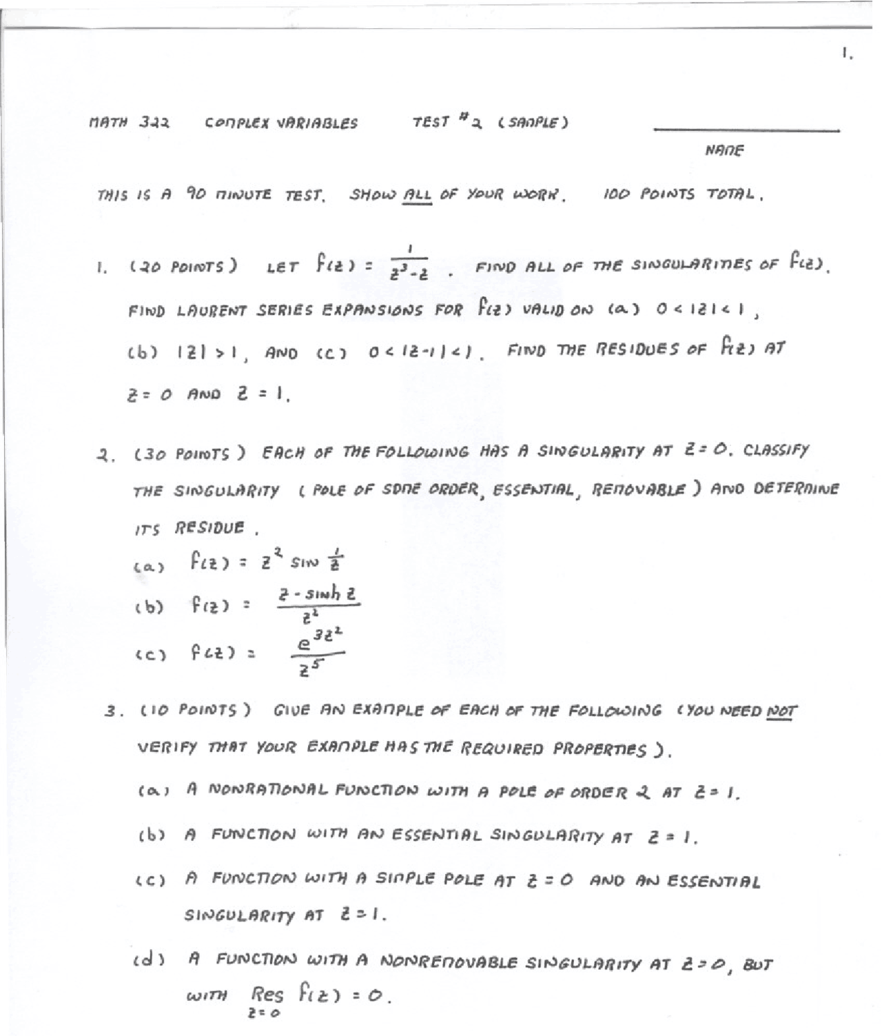 Exam 2 Sample Paper - Complex Variables | MATH 322 - Docsity