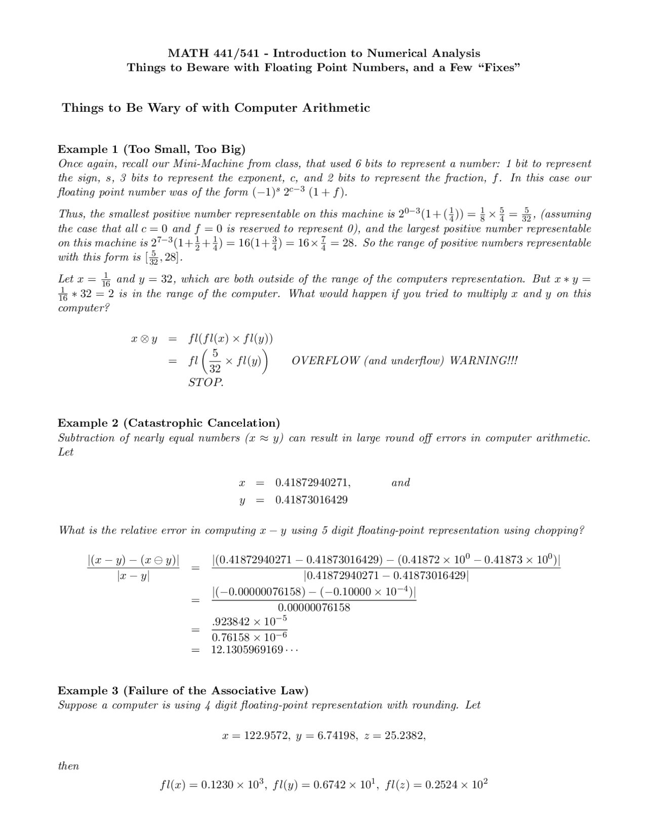 Things to be Wary of with Computer Arithmetic - Notes | MATH 441 - Docsity
