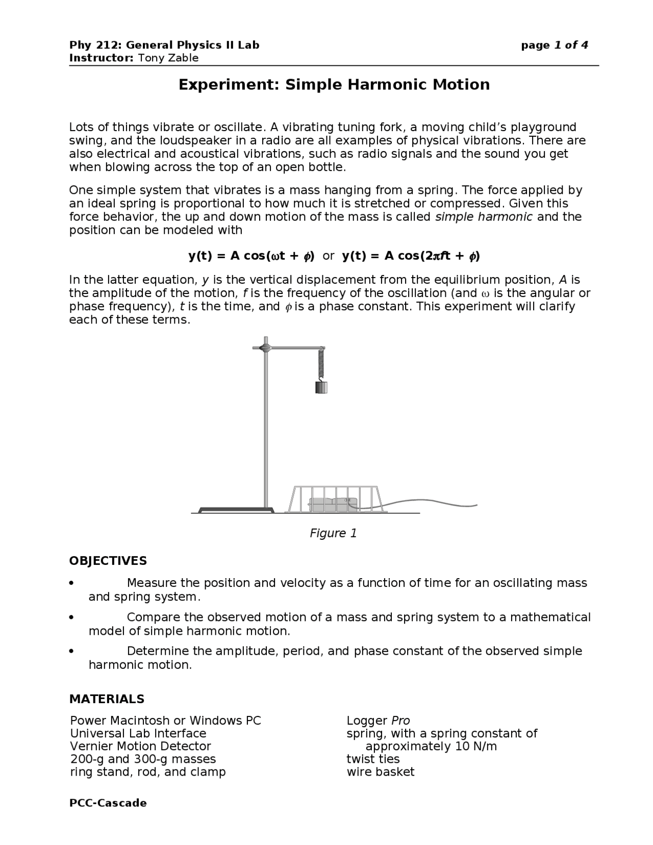 Simple Harmonic Motion In General Physics Ii Experiment Phy 212