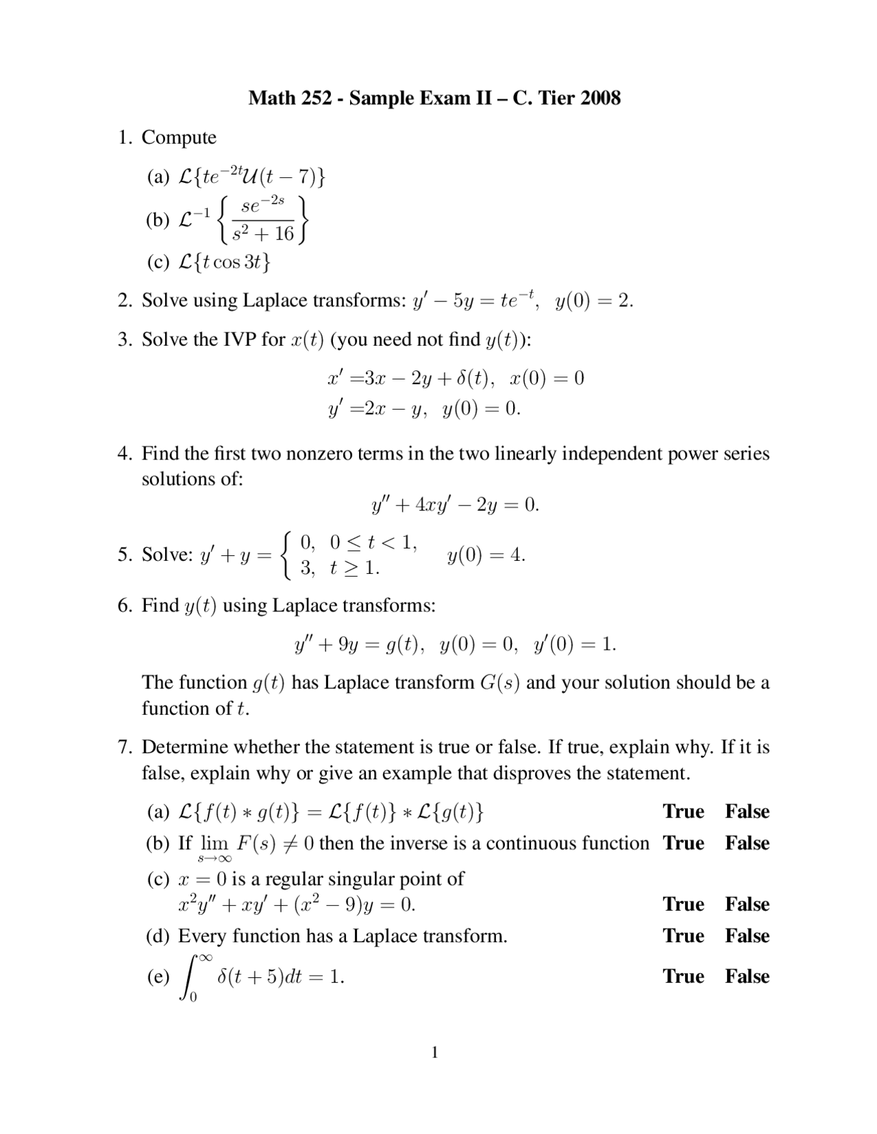 Introduction To Differential Equations Sample Exam 2 Math 252 Docsity