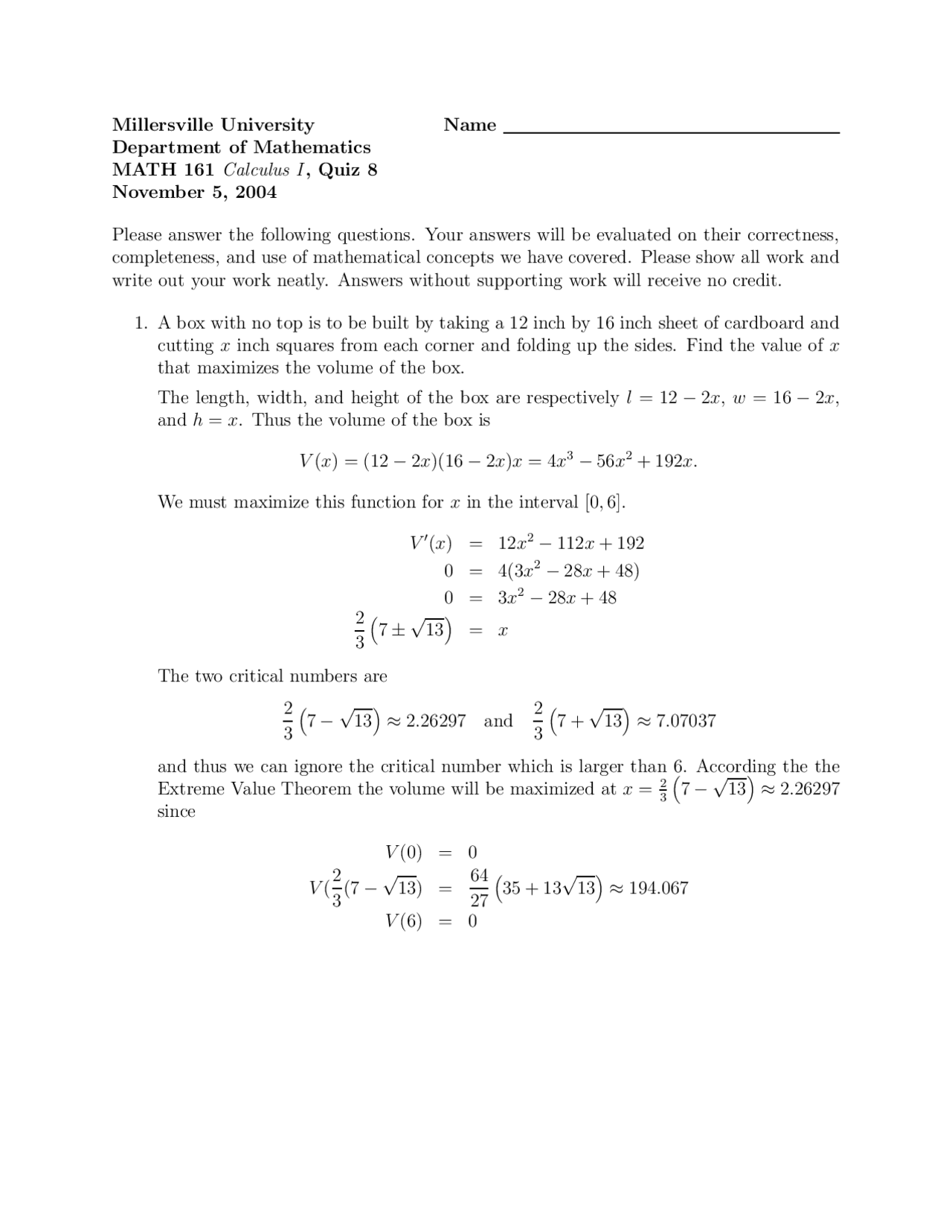 Calculus 1 - Practice Quiz 8 Questions | MATH 161 - Docsity