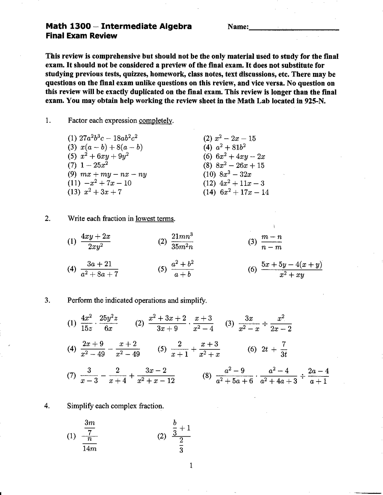 Final Exam Review - Fundamentals of Mathematics | MATH 1300 - Docsity