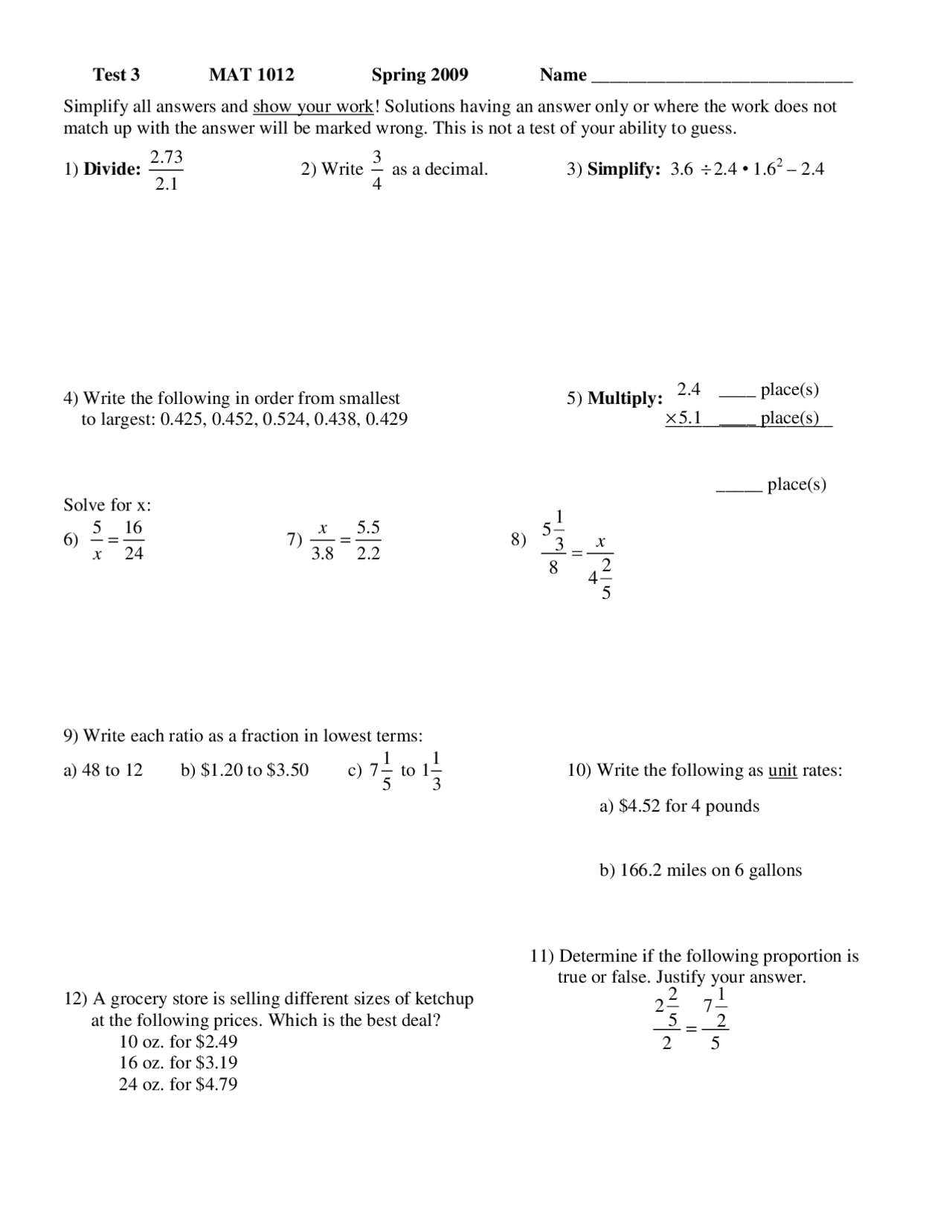 Sample Exam 3 - Fundamentals of Mathematics | MAT 1012 - Docsity