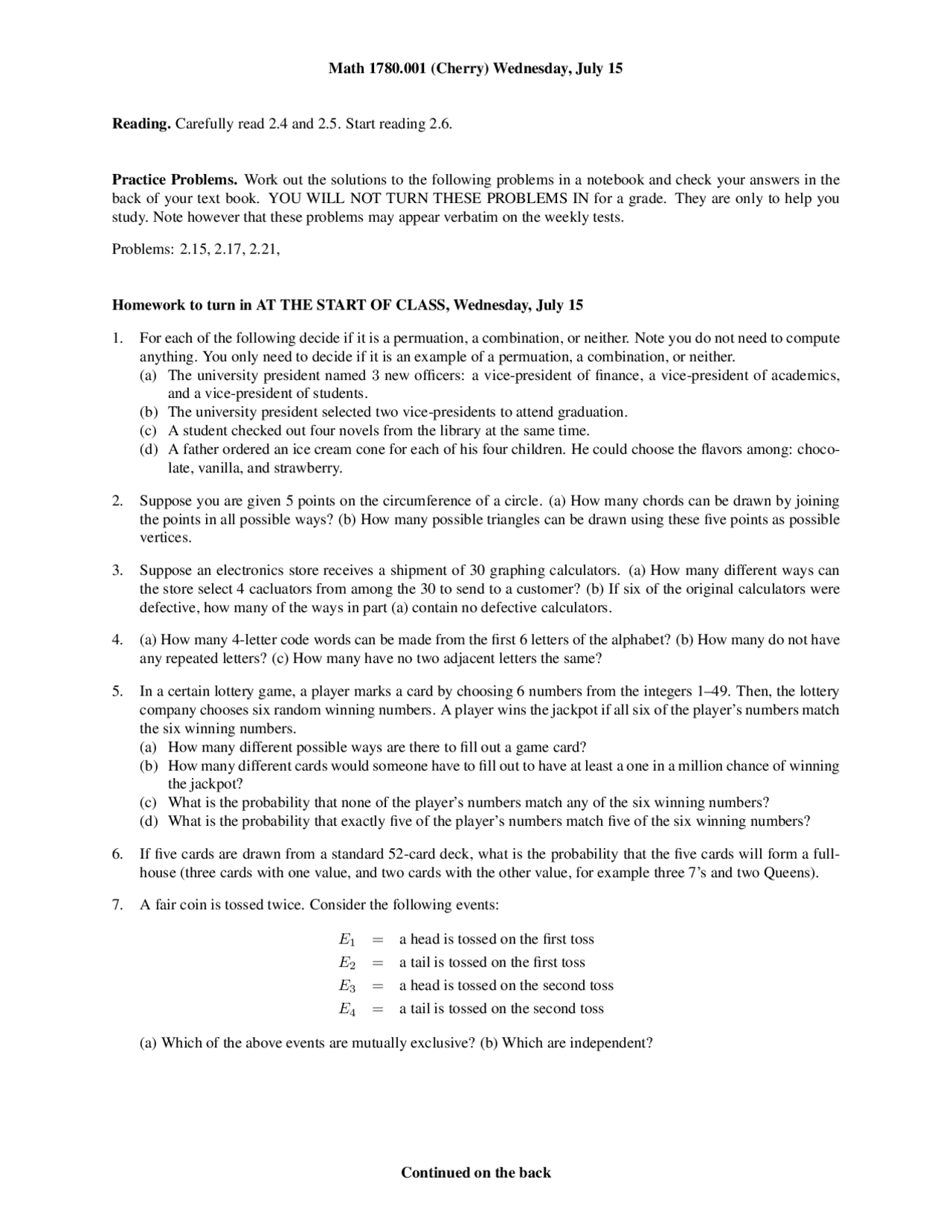 9 Solved Questions on the Probability Models - Homework | MATH 1780 ...