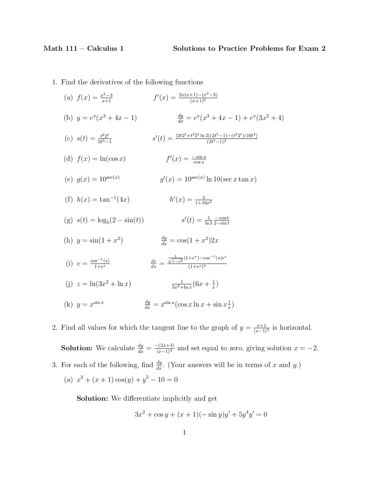 Solution to Practice Problems for Exam 2 - Calculus I | MATH 111 - Docsity