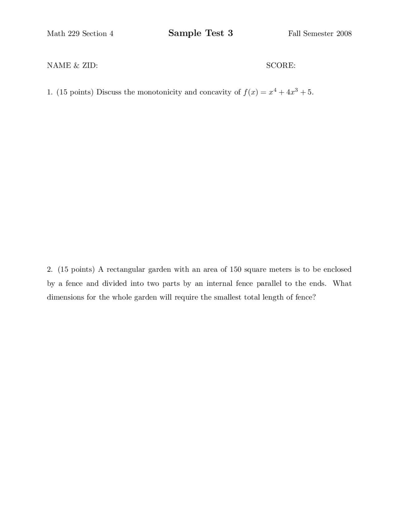 Sample Test 3 for Calculus I - Fall 2008 | MATH 229 - Docsity