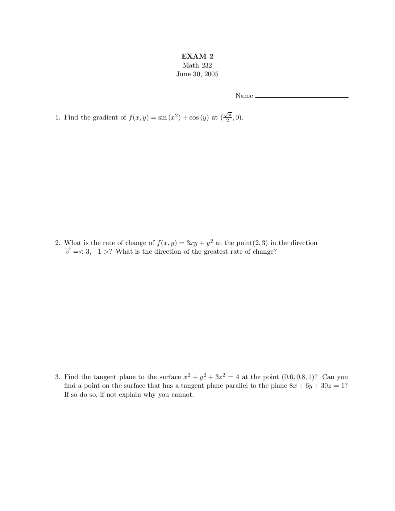 Practice Questions for Exam 2 - Calculus III | MATH 232 - Docsity