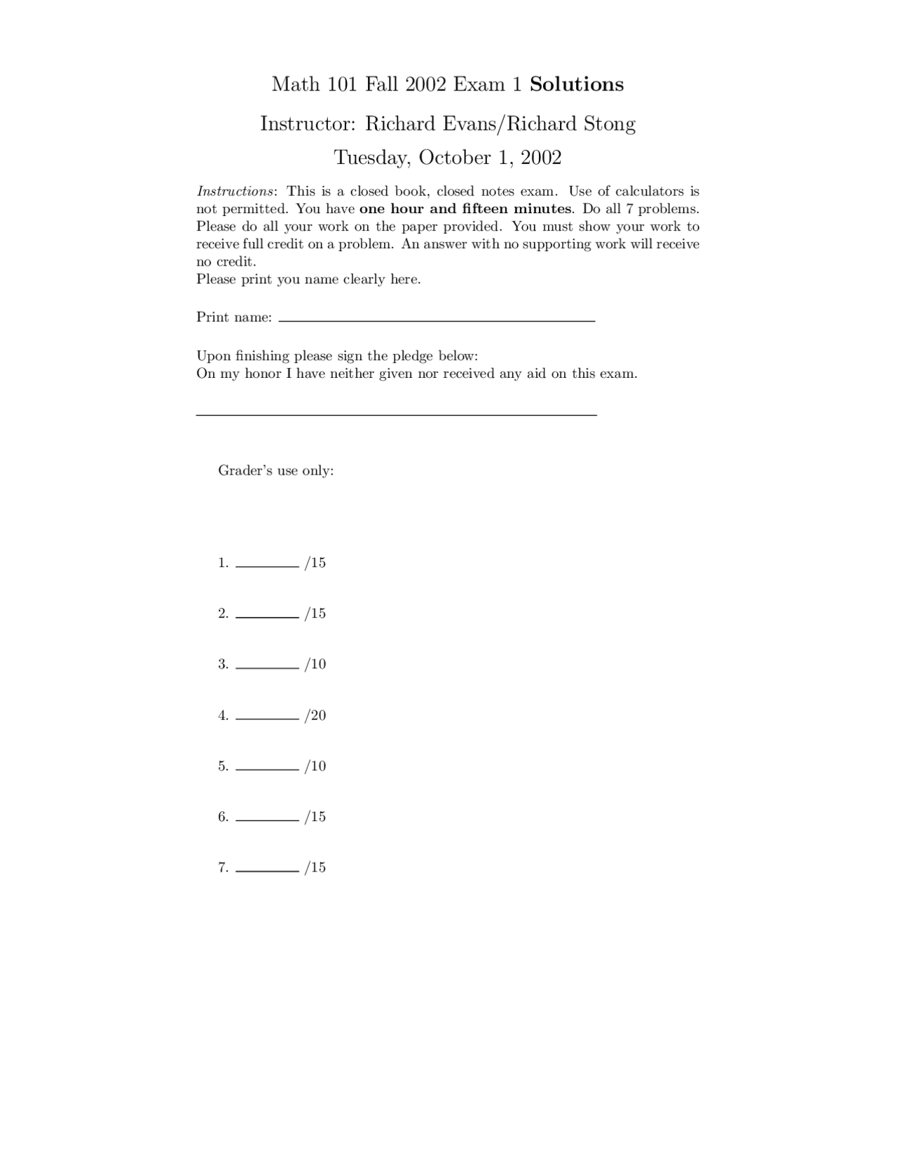 Math 101 Fall 2002 Exam 1 Solutions: Limits, Derivatives, and Geometry ...
