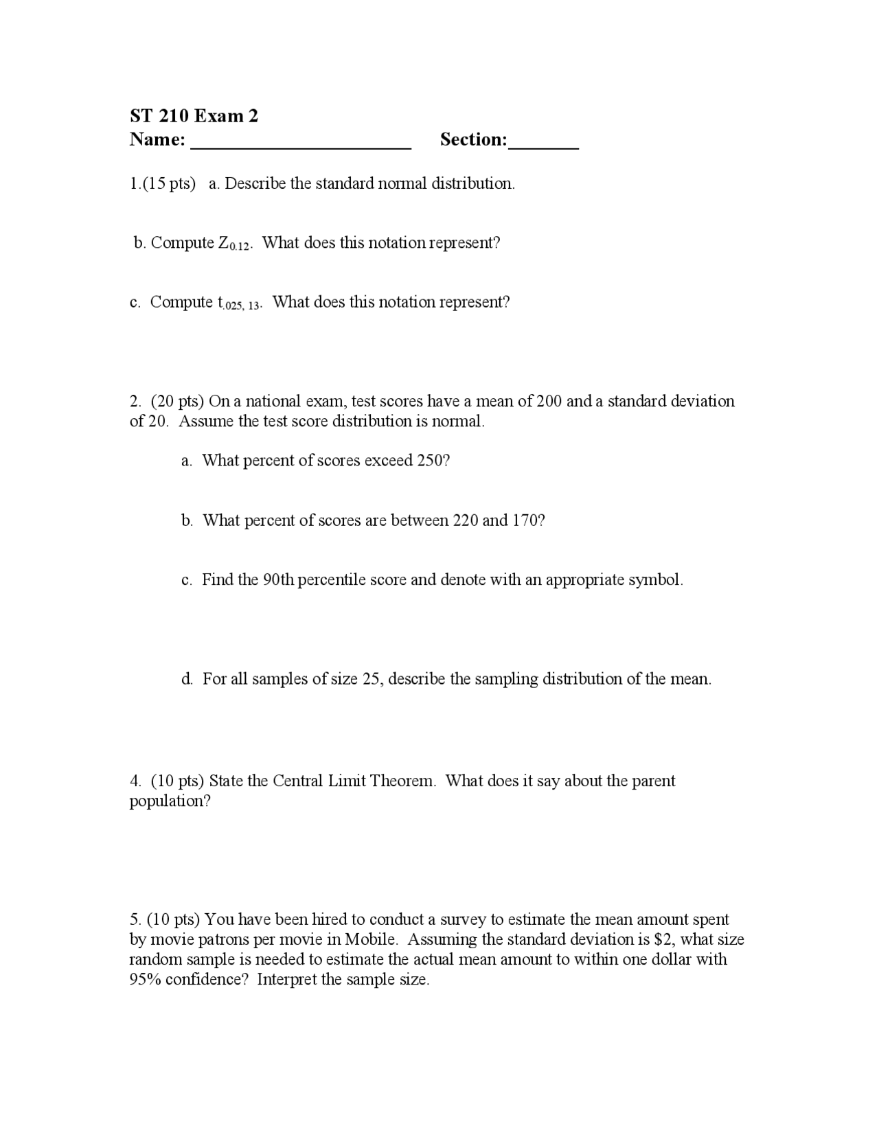 Exam 2 with 8 Questions - Statistics Reason and Application | ST 210 ...