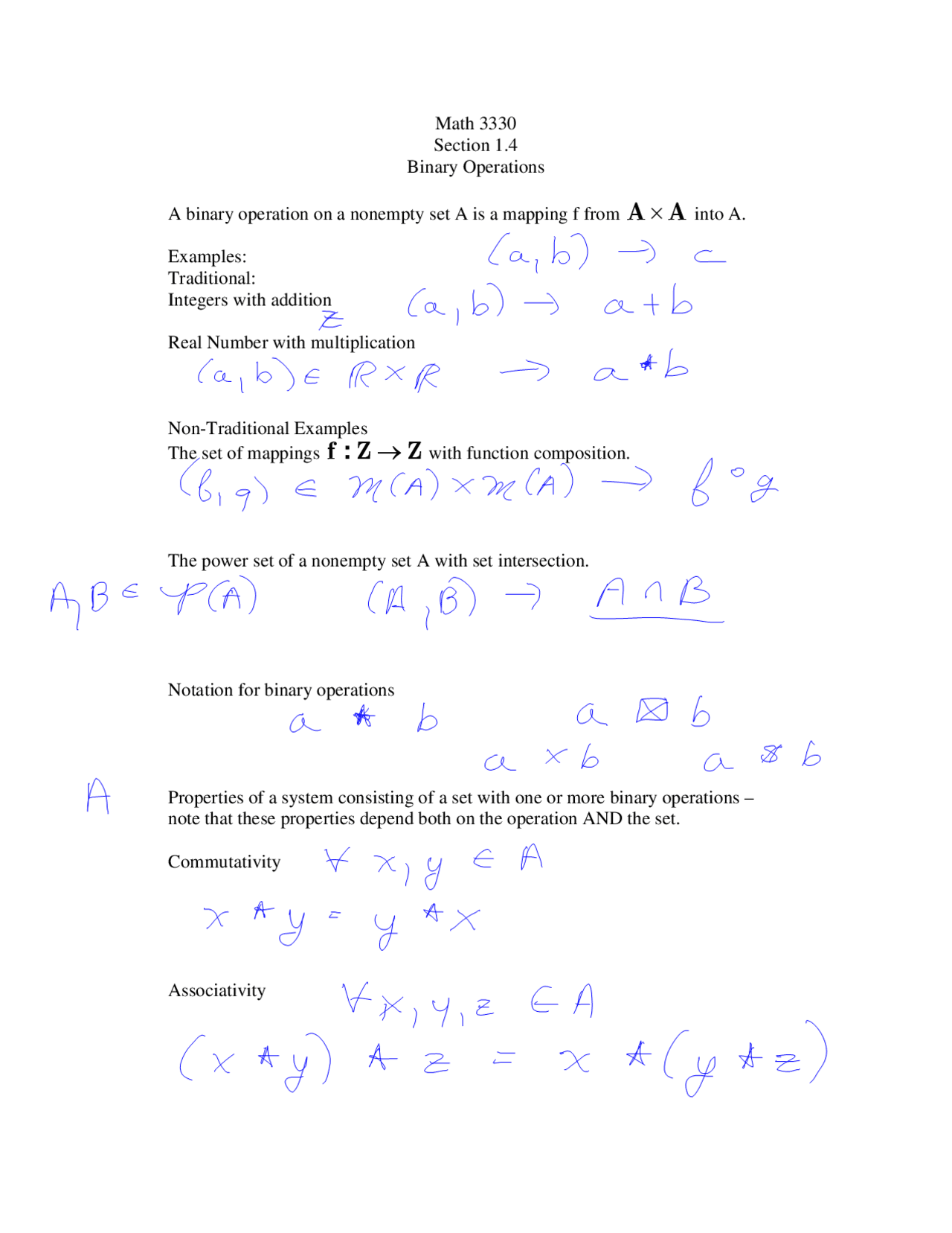 Notes on Binary Operations with Examples - Abstract Algebra | MATH 3330 ...