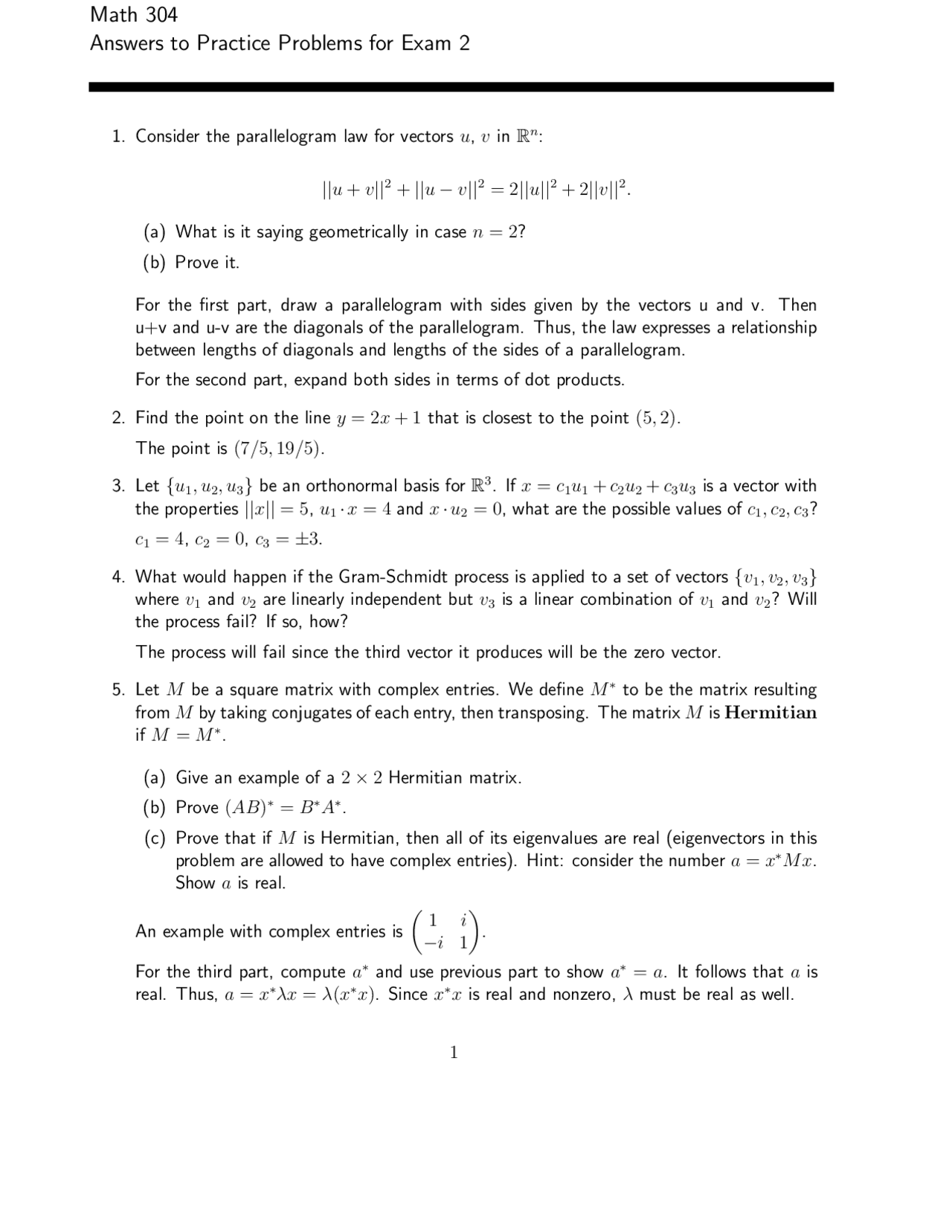 Answer To Practice Problems For Exam 2 Linear Algebra Math 304 Docsity
