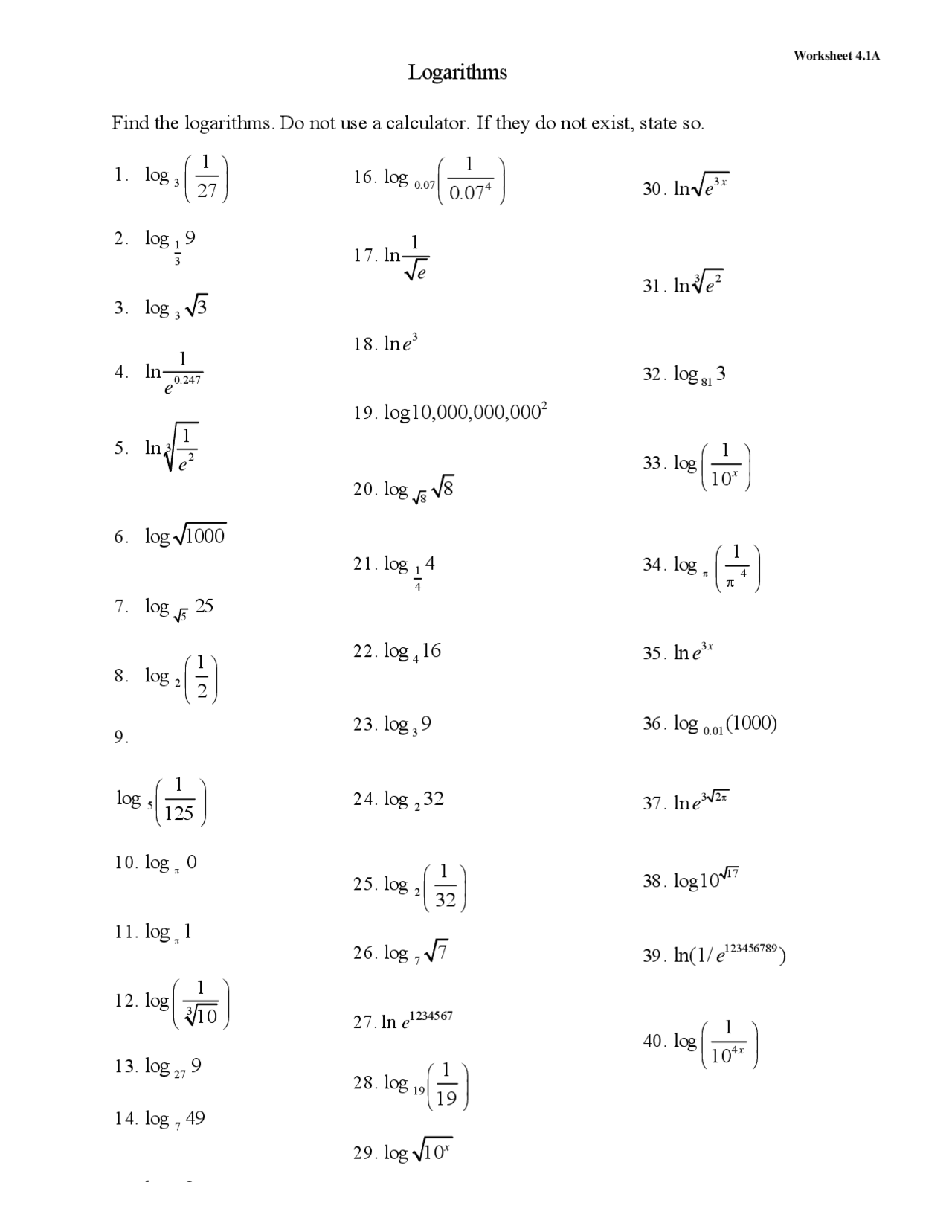 Find the Logarithms - Worksheet 4 | MA 153 - Docsity