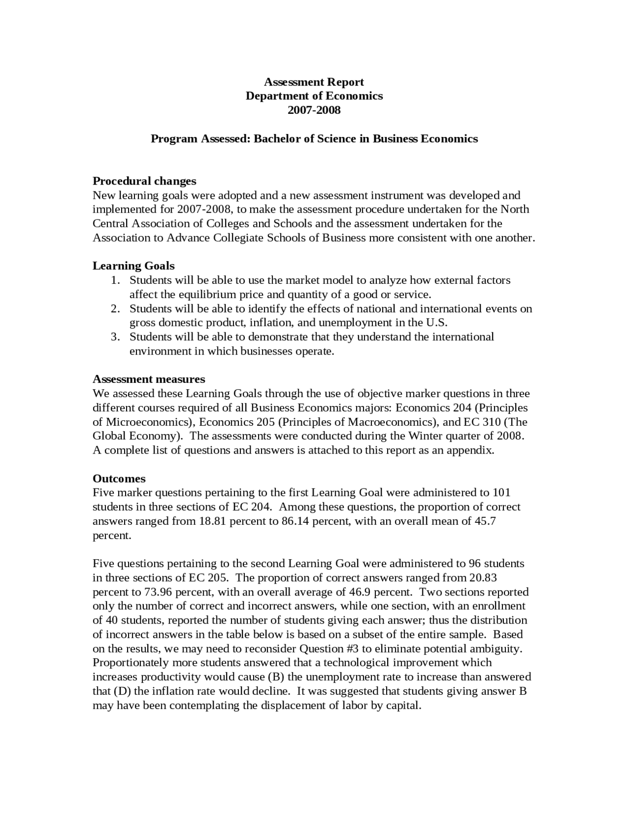 Bachelors of Science in Business Economics - Assessment Report | EC 310 ...