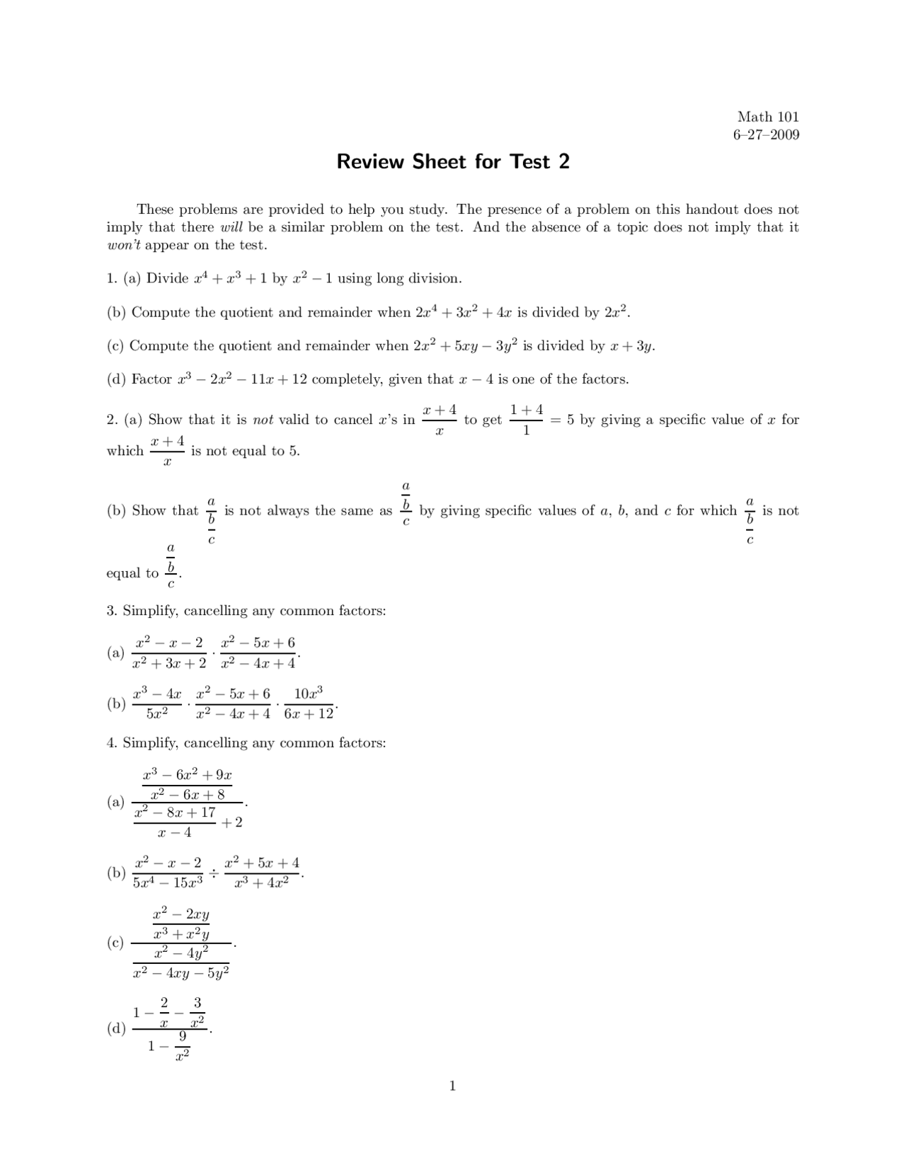 Review Sheet for Test 2 - College Algebra | MATH 101 - Docsity