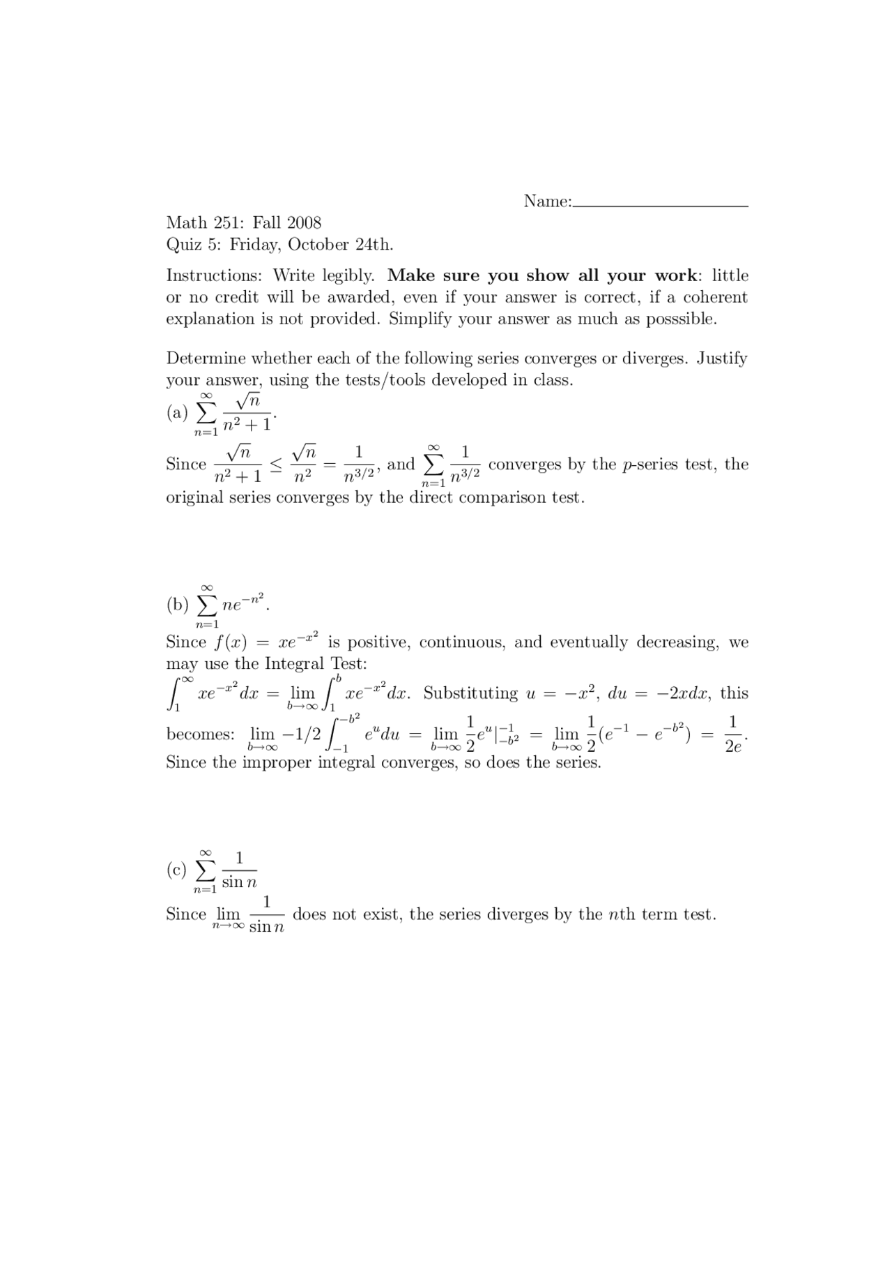Quiz 5 Questions Fall 2005 - Calculus II | MTH 251 - Docsity