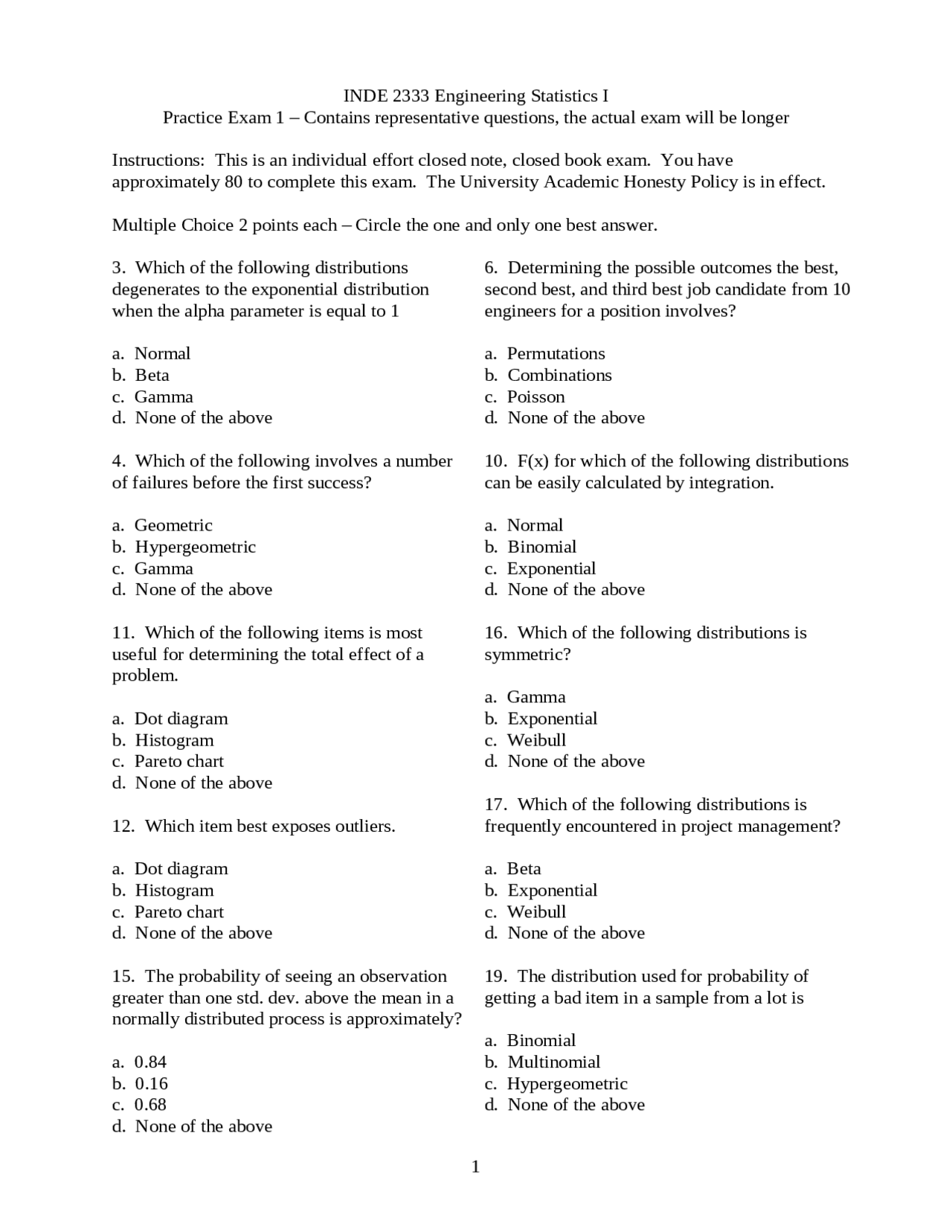 Practice Exam 1 | Engineering Statistics I | INDE 2333 - Docsity