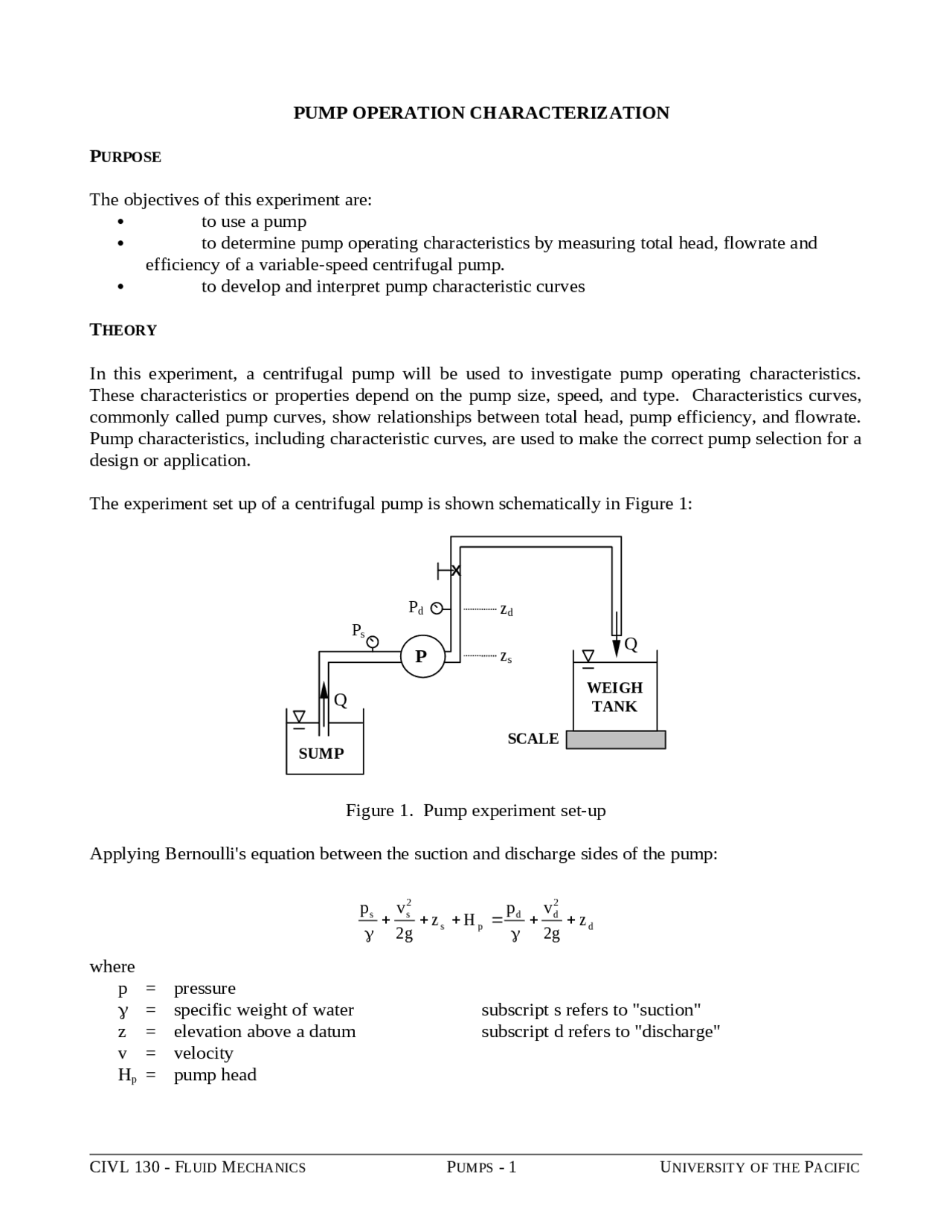Pump Characterization Lab Lab for Pump Operation Characterization - Fluid Mechanics I | CIVL 130 ...
